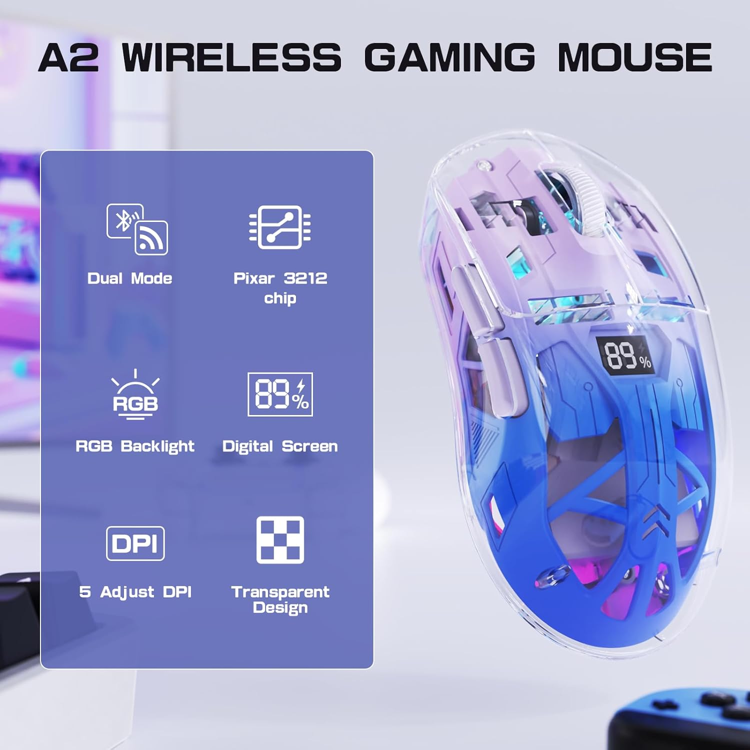 A2 Wireless Gaming Mouse, Dual Mode 2.4G/Bluetooth PC Gaming Mice, Ergonomic RGB Mouse with Battery Display Screen, Transparent Shell, Pixart 3212, 4000 DPI, for Win/Mac, Twilight Purple - Glazed White image number 5