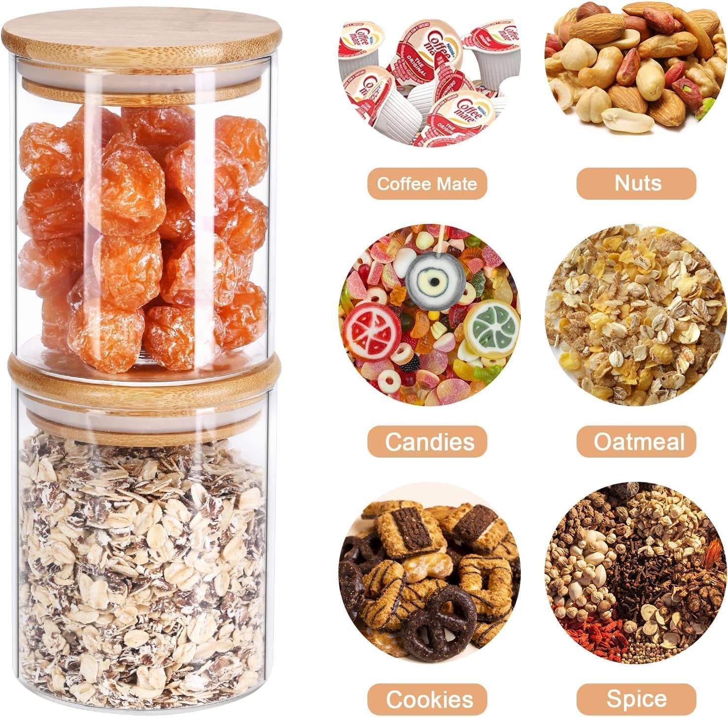 Homodoskey Glass Storage Jars 10 Pack -250ML Clear Glass Food Storage Containers with Airtight Bamboo Lid Stackable Kitchen Canisters for Candy, Cookie,Rice, Sugar, Flour, Nuts and Spice Jars