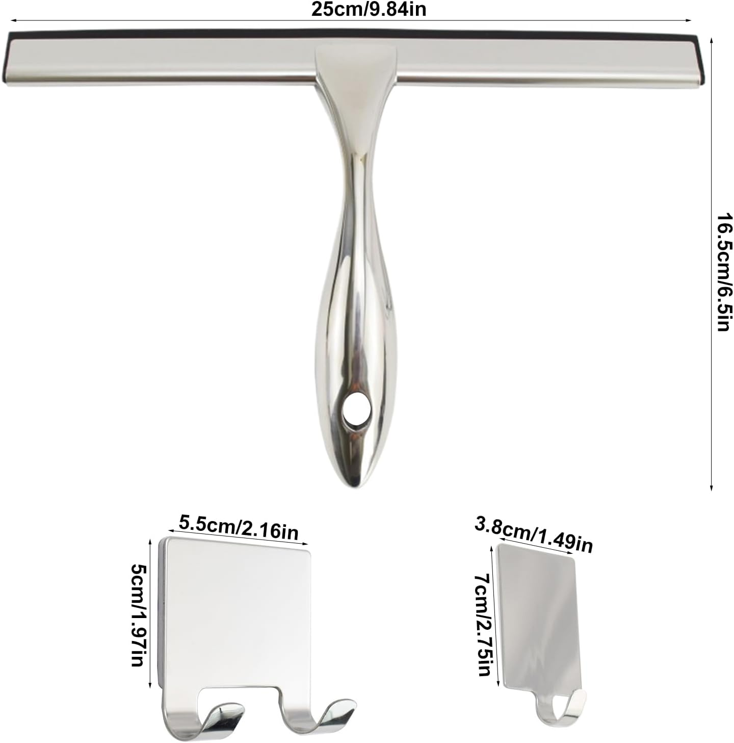 All Purpose Shower Squeegee, 10 Inch Stainless Steel Shower with Square Double Hook and Single Hook for Glass, Doors, Walls and Window image number 4