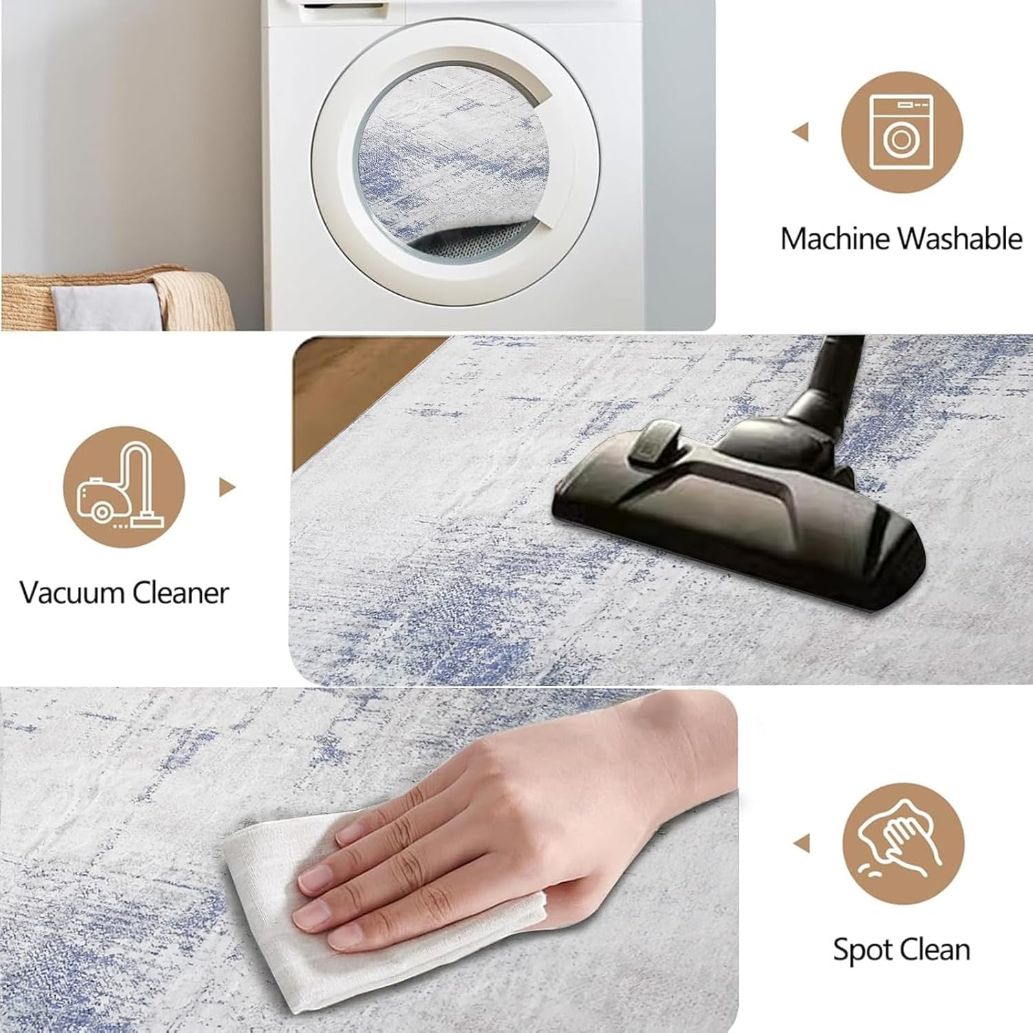 Leesentec Area Rugs for Living Room Non-Slip Machine Washable Rugs for Bedroom Low Pile Blue Rug Distressed Carpet for Kitchen Dining Room Home Office Indoor Floor Mat (Blue/Beige/Grey, 200 * 250 Cm) image number 2