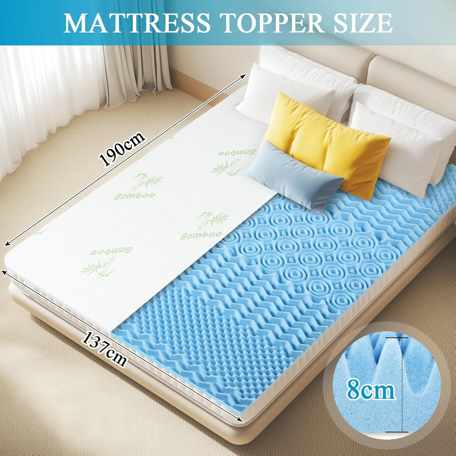 Ufurniture 8 Cm Mattress Topper Memory Foam with Cool Gel Infusion, 7 Zone Blue Egg Crate Foam Bed Topper for Pressure Relief and White Removable Bamboo Fabric Cover (Double) image number 1