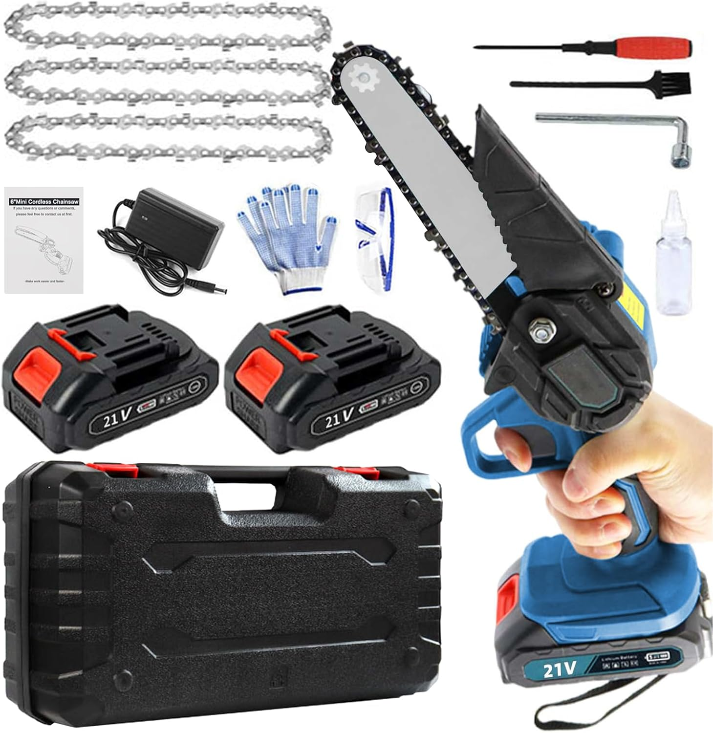 TFMOJHST Super Saw Mini Chainsaw Cordless 6 Inch,Mini Electric Chainsaw Cordless Pruning Saw，With 2Pcs Batterie&3 Chains Handheld Chainsaw Battery Powered,Small Chainsaw for Wood Cutting Trimming-Red