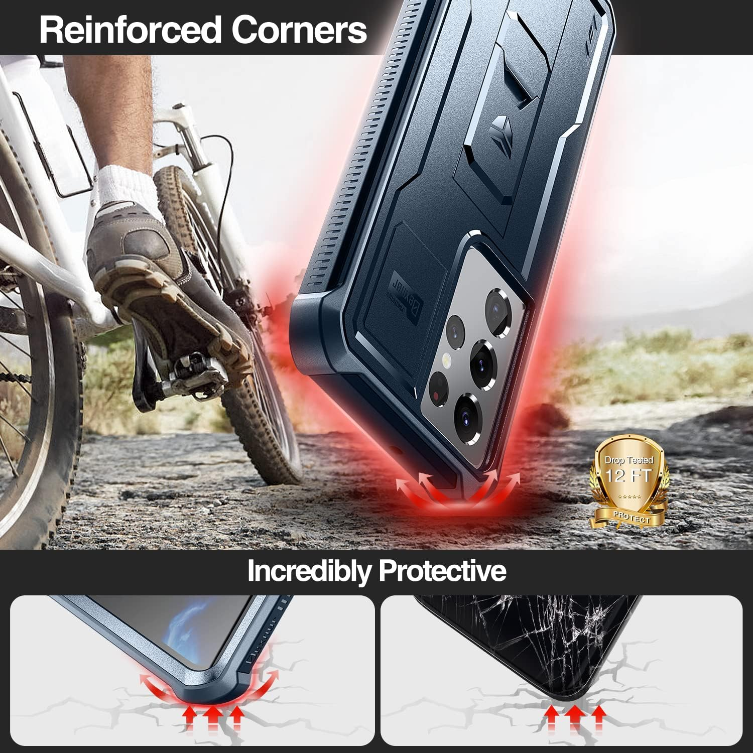 Dexnor Case for Samsung Galaxy S21 Ultra 5G 6.8 Inch with Built-In Screen Protector Military Grade Armour Heavy Duty 360 Full Body Shockproof Bumper Protection Cover with Stand - Blue - Black image number 7