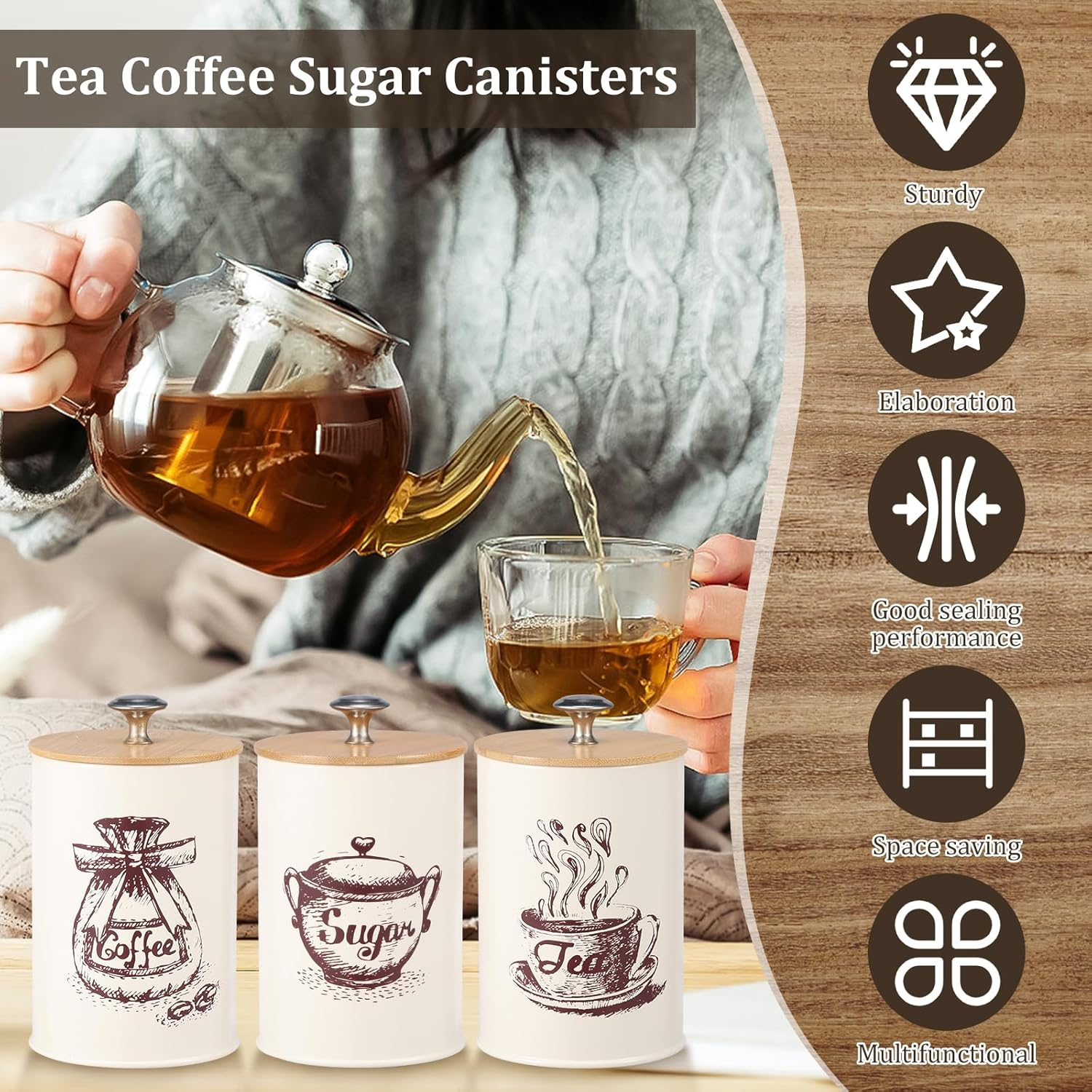 Rdjeokf 3PCS Coffee and Sugar Container Set Vintage Canisters Set Decorative Tea Container Set 25 Oz for Coffee Tea Sugar Kitchen Storage Organisation
