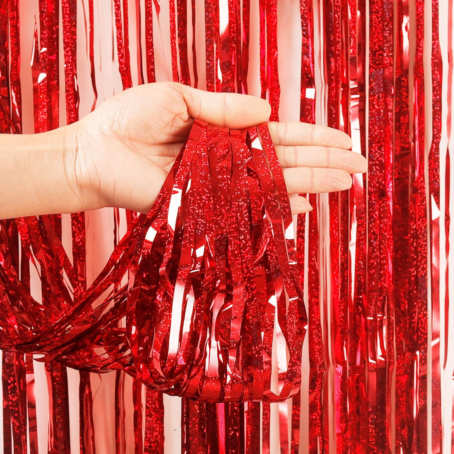 2Pcs 3.2 X 8.3Ft Glitter Red Tinsel Foil Fringe Curtain Door Tinsel Curtain Streamers Party Curtain Photo Banner Decorations for Birthday School Graduation Hen Christmas Party Decorations Red image number 5