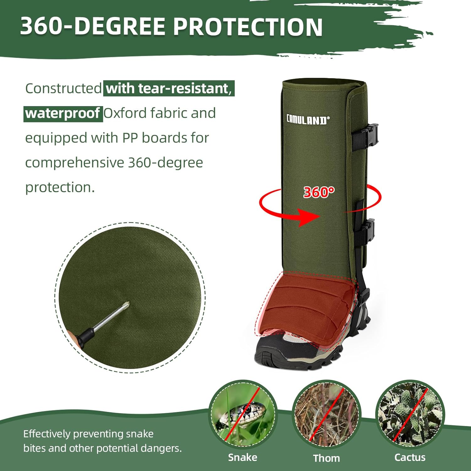 CAMULAND Snake Gaiters for Men & Women, Durable Waterproof Snake Guards for Lower Leg Protection, Adjustable Snake Bite Proof Gaiters for Hunting, Hiking, and Farm Work (Green) image number 4