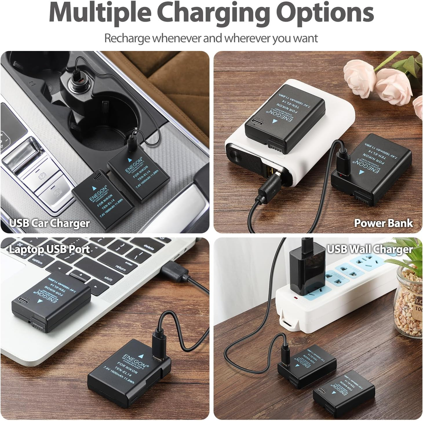 ENEGON EN-EL14 USB-C Direct Charge Replacement Batteries 1600Mah (2 Pack) for Nikon Battery En-El14/En-El14A, Compatible with Nikon D5300, D5600, D5100, D5200, D3100, D3200, D3300, D3400, D3500 image number 6