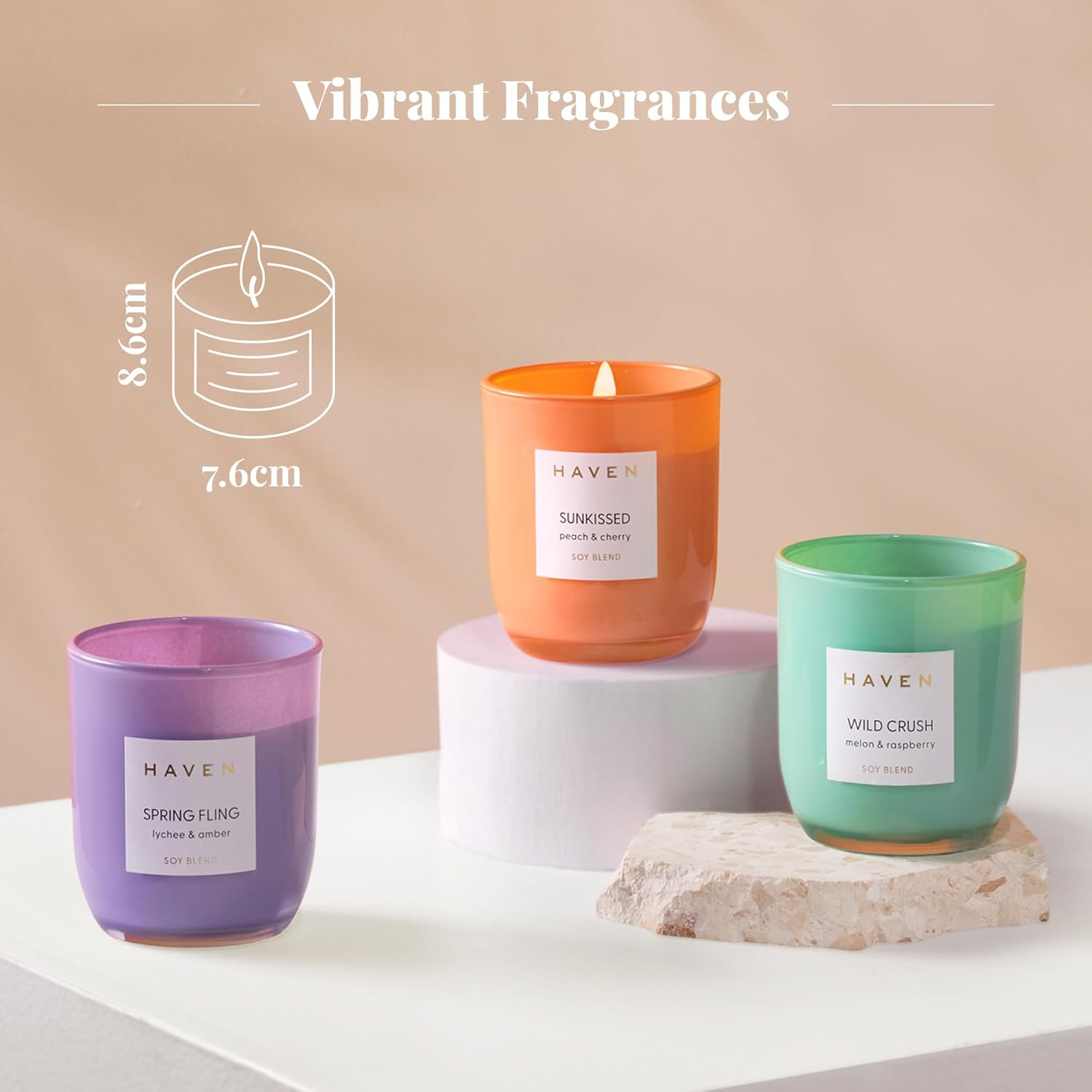 Haven Sunkissed Peach & Cherry Scented Soy Blend Candle - Natural, Non-Toxic, Long-Lasting Burn in Orange Glass Jar for Home Decor & Aromatherapy image number 5