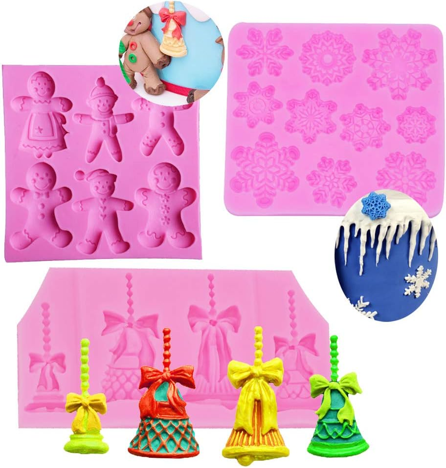 3 PCS Christmas Bell Snowflake Gingerbread Man for DIY Cake Fondant Baking Biscuit 3D Chocolates Hard Candies Drop Glue Decor Silicone Mold Tool image number 1