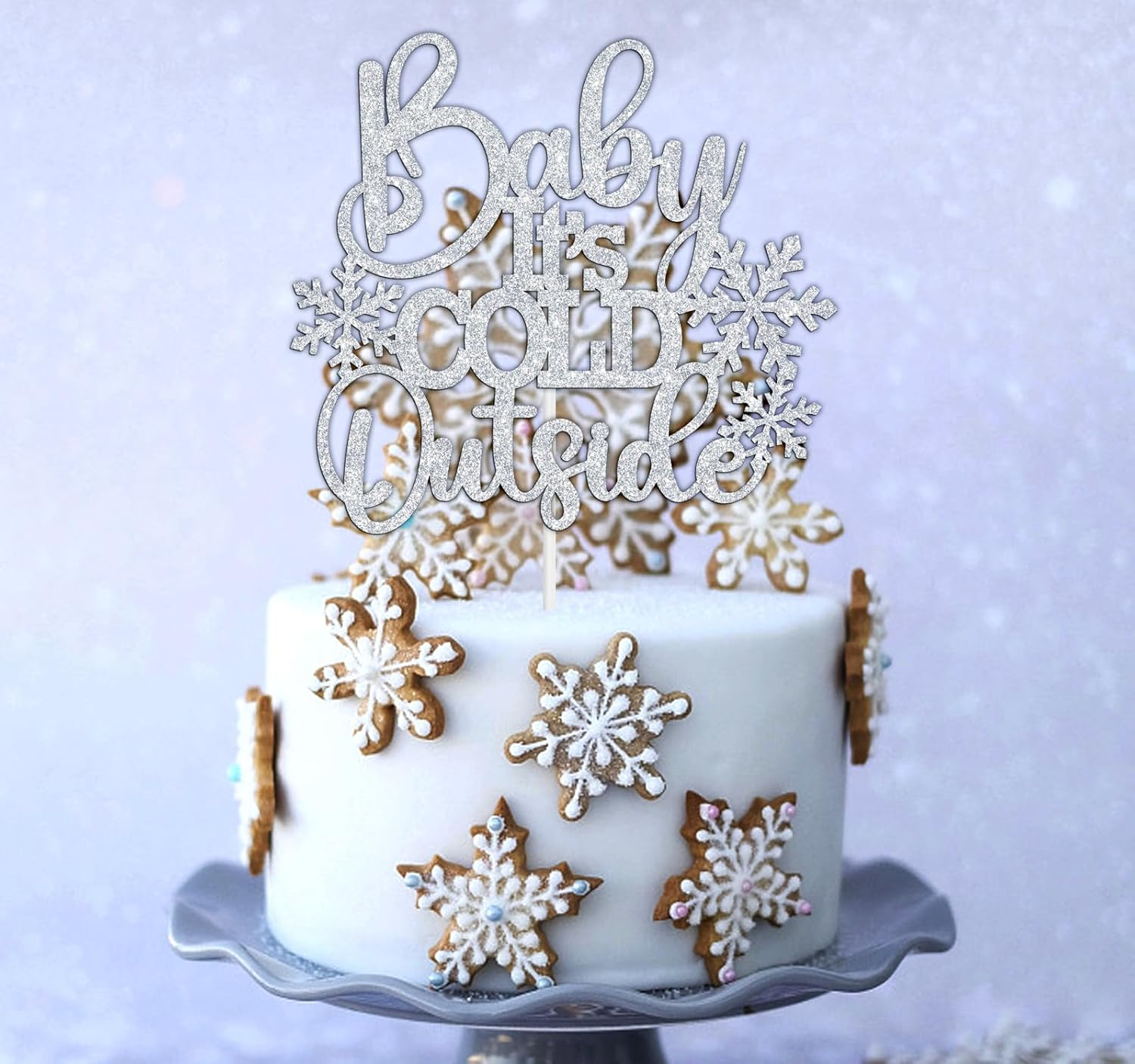 Baby It'S Cold outside Cake Topper, Winter Onderland/Sweet Little Snowflake Cake Decor, Snowflake Baby Shower/Gender Reveal Birthday Party Decorations Supplies, Silver Glitter image number 1