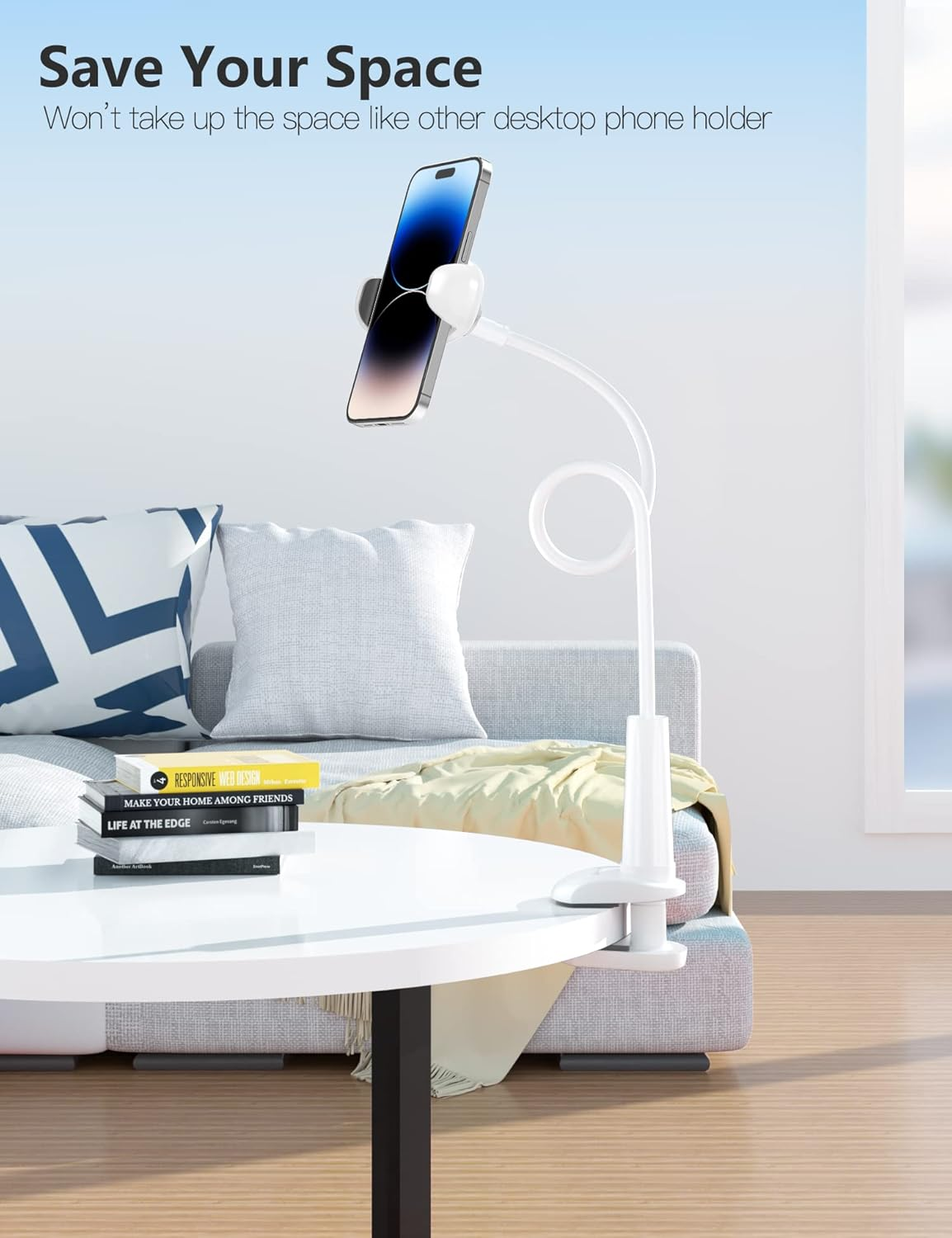 Gooseneck Phone Holder Stand for Bed: Tryone Flexible Arm Adjustable Cell Phones Mount Clamp on Desk Compatible with Iphone 12 Pro 12 11 Pro Xs 8 7 6 | Samsung S21 or Other 4"-7" Devices image number 3