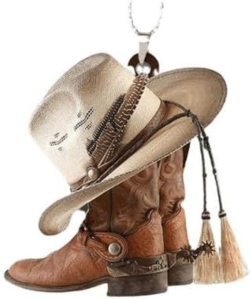 1Pc Car Rear View Mirror Pendant,Charm Auto Interior Rearview Decor,Personalized Cowboy Boots and Hats Flat,Acrylic Car Hanging Ornament Auto Interior Mirrors Interior, Body and Trim,Replacement Parts image number 1
