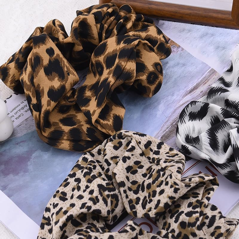 Vintage Leopard Print Scrunchie Set - Soft Multi Colored Leopard Print Hair Ties for Girls Women Boho Elastic Satin Scrunchies Stretchy Hair Ties for Buns Ponytail Holders for Braids Scrunchies 3 Pcs image number 6