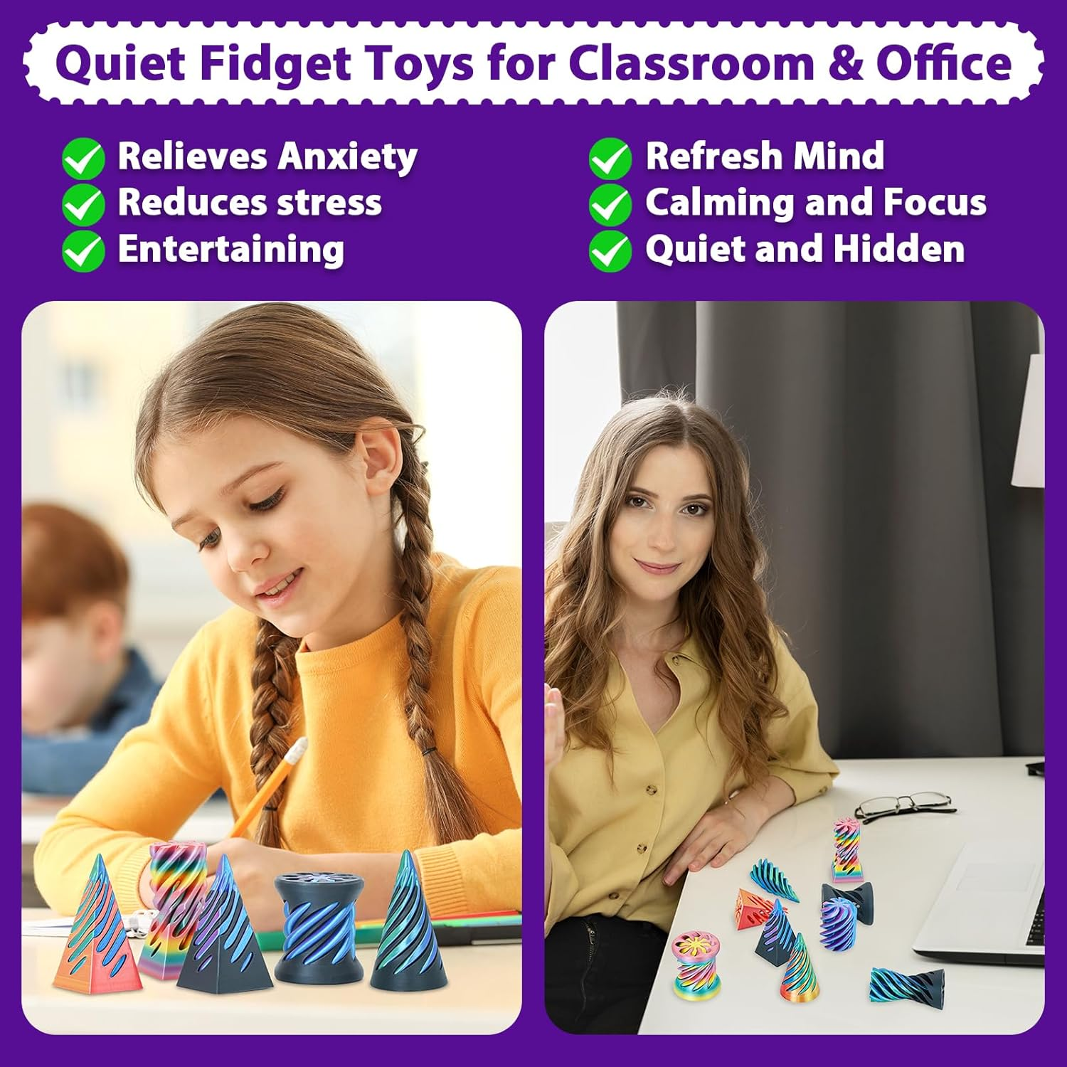 3 Packs Impossible Spiral Cone Fidget Toys,3D Printed Pyramid Passthrough Sculpture,Mini Sensory Toy for Stress Relief Anxiety Relaxation,Desktop Decor Gifts for Adults & Kids (Blue Black) - Green Black image number 2