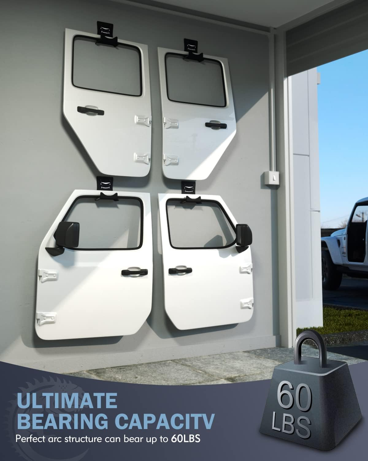 Lupar Storage Door Hangers Compatible with 1956-2024 Jeep Wrangler, Wall-Mounted Removable Door Storage Holder with Rubber Lining - 4PACK image number 4