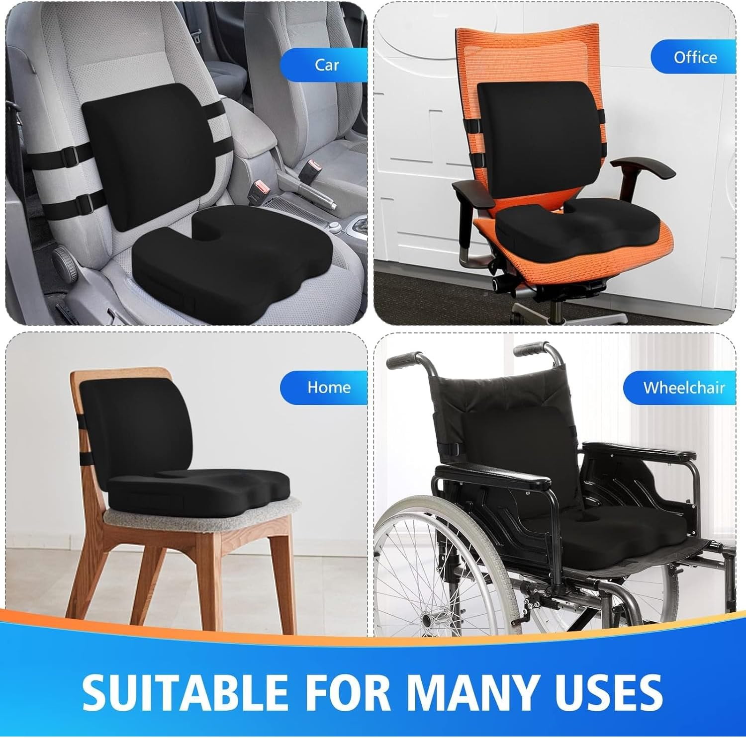 Chair Cushion & Seat Cushion for Office,Memory Foam Lumbar Support for Chair,Car,Back Support with Breathable Cover,Adjustable Straps,For Relieve Pain of Back,Lumbar,Tailbone and Sciatic Nerv,Black image number 2