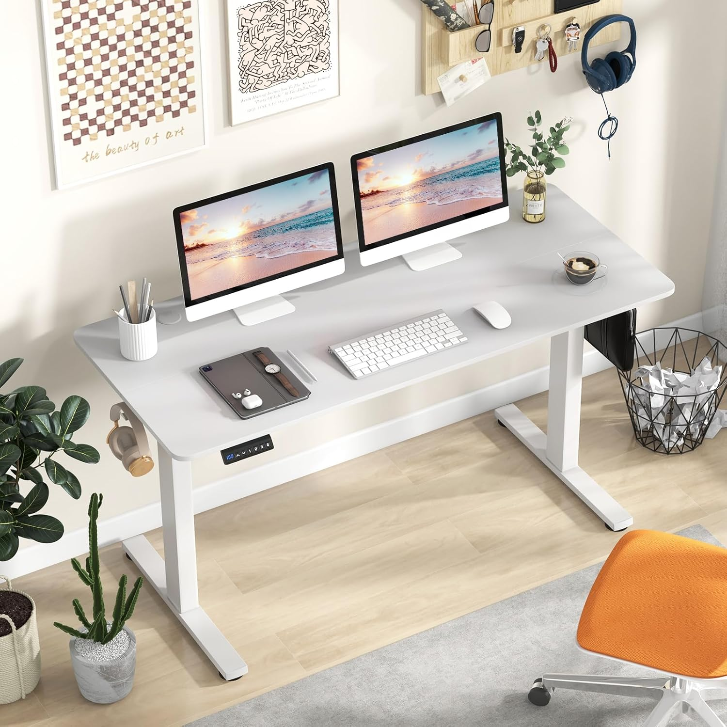 Giantex Electric Standing Desk, 140 X 60 Cm Sit Stand Home Office Desk with 3 Memory Height Settings, Height Adjustable Computer Desk with 2 Hanging Hooks & Cable Management (White) image number 3