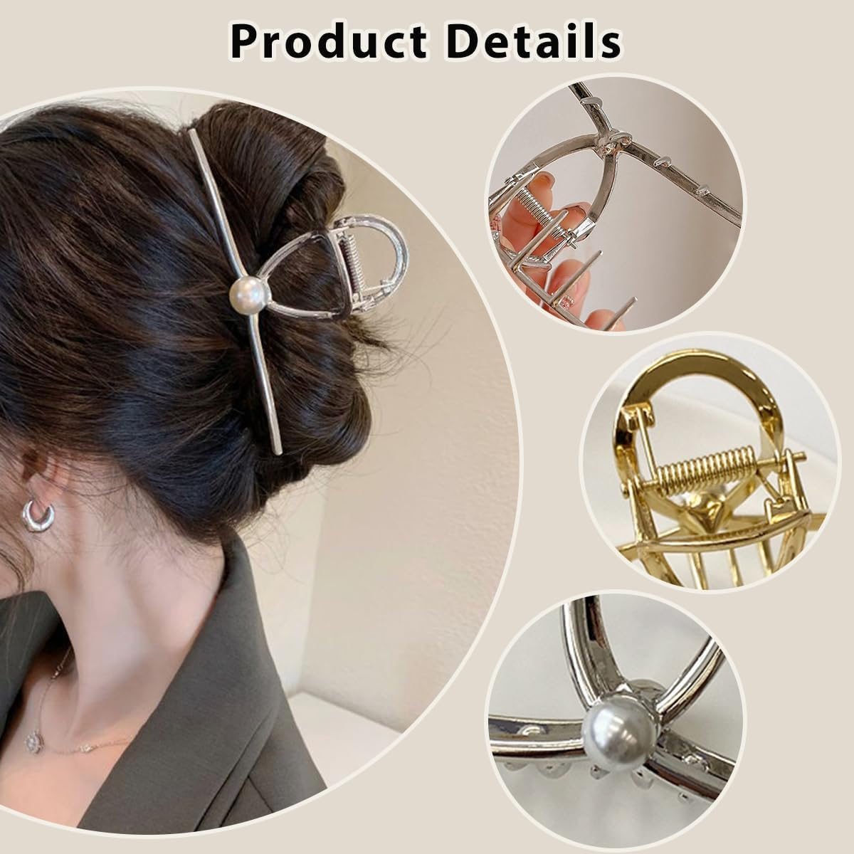 Large Pearls Shark Barrette Metal Hair Claws with Non-Slip Strong Hold for Women and Girls (Gold + Silver) image number 5