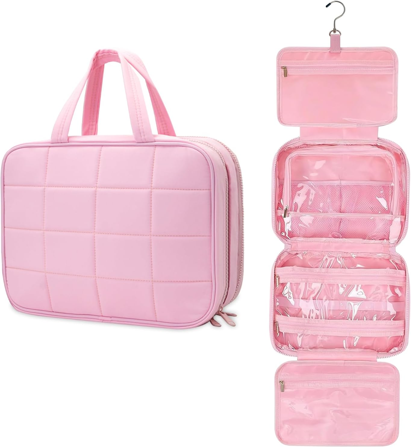 Travel Toiletry Bag for Women, Wide-Open Makeup Pouch,Hanging Toiletry Bag with Hook,Travel Storage Organizer for Skin Care Cosmetics Toiletries Full Sized Container (White)