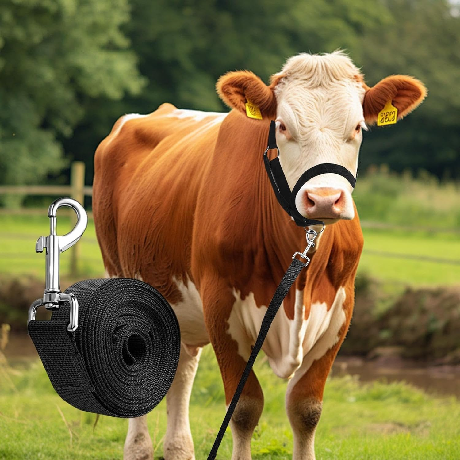 Cow Halter for Cattle, Calf Halter and Lead Rope, Show Livestock Heavy-Duty Nylon Adjustable for Ranch Farm Lawn Yard Grassland Goat Horse Foal Lamb image number 2