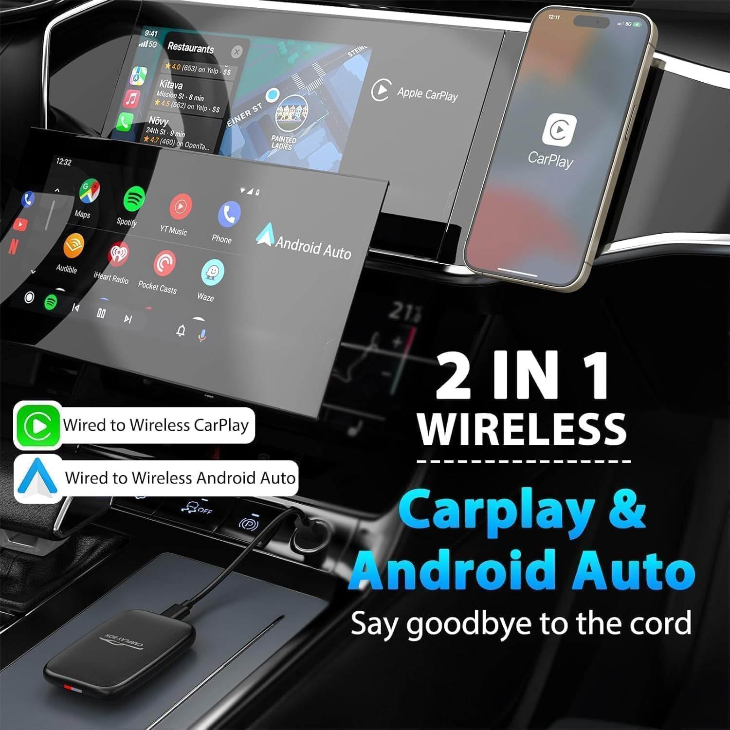 Wireless Carplay Adapter and Android Auto Wireless Support Netflix/Youtube/Tf Card,Carplay Wireless Adapter with USBA-C and USBC-C Cables for Iphone Android image number 5