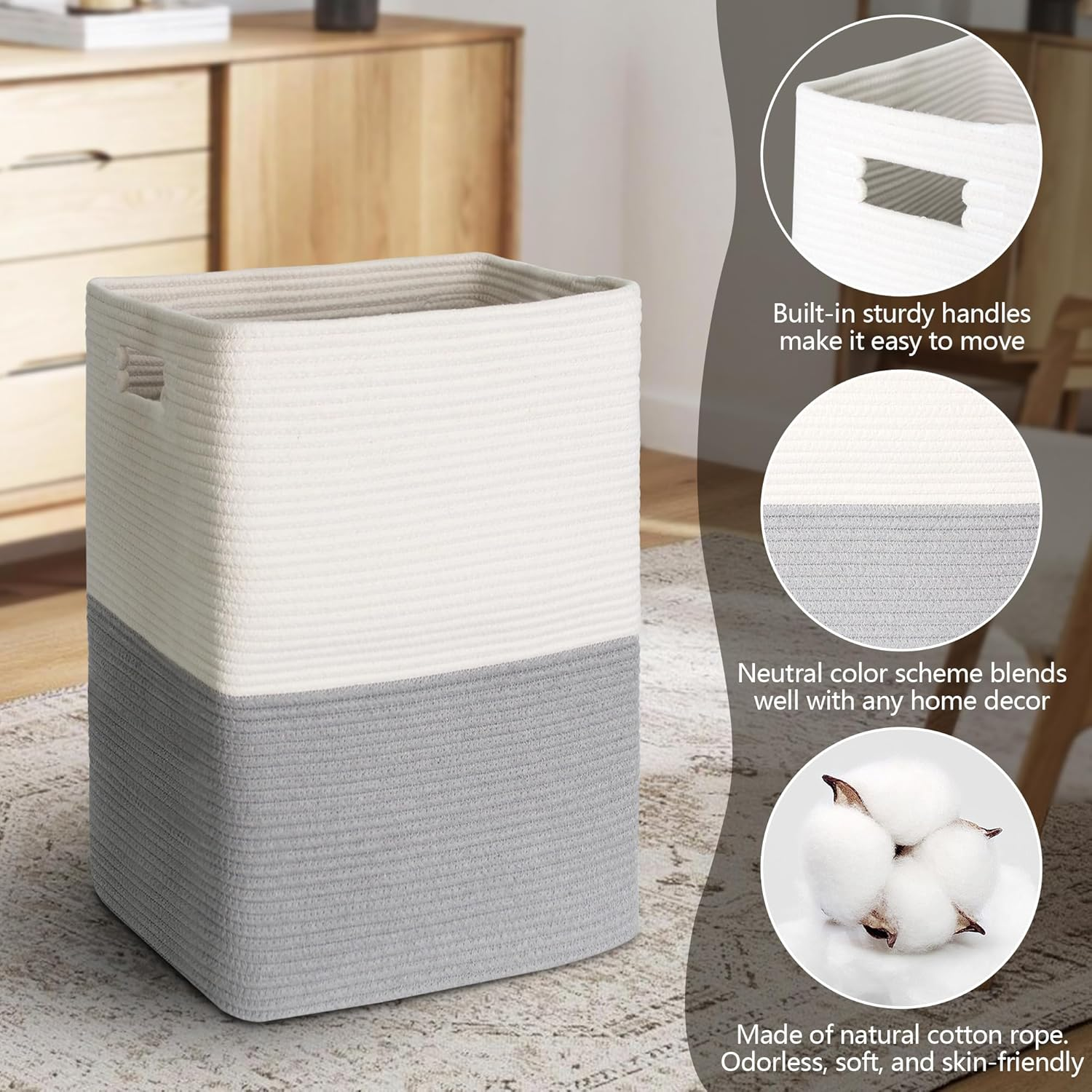 MEGASKET Large Laundry Hamper Basket, 16"X13"X22" Hampers for Bedroom Aesthetic, Cotton Rope Dirty Clothes Hamper, Soft Baby Kids Nursery Wicker Laundry Basket, Tall Woven Laundry Bin, Gray, 75L - Black Stripe image number 3