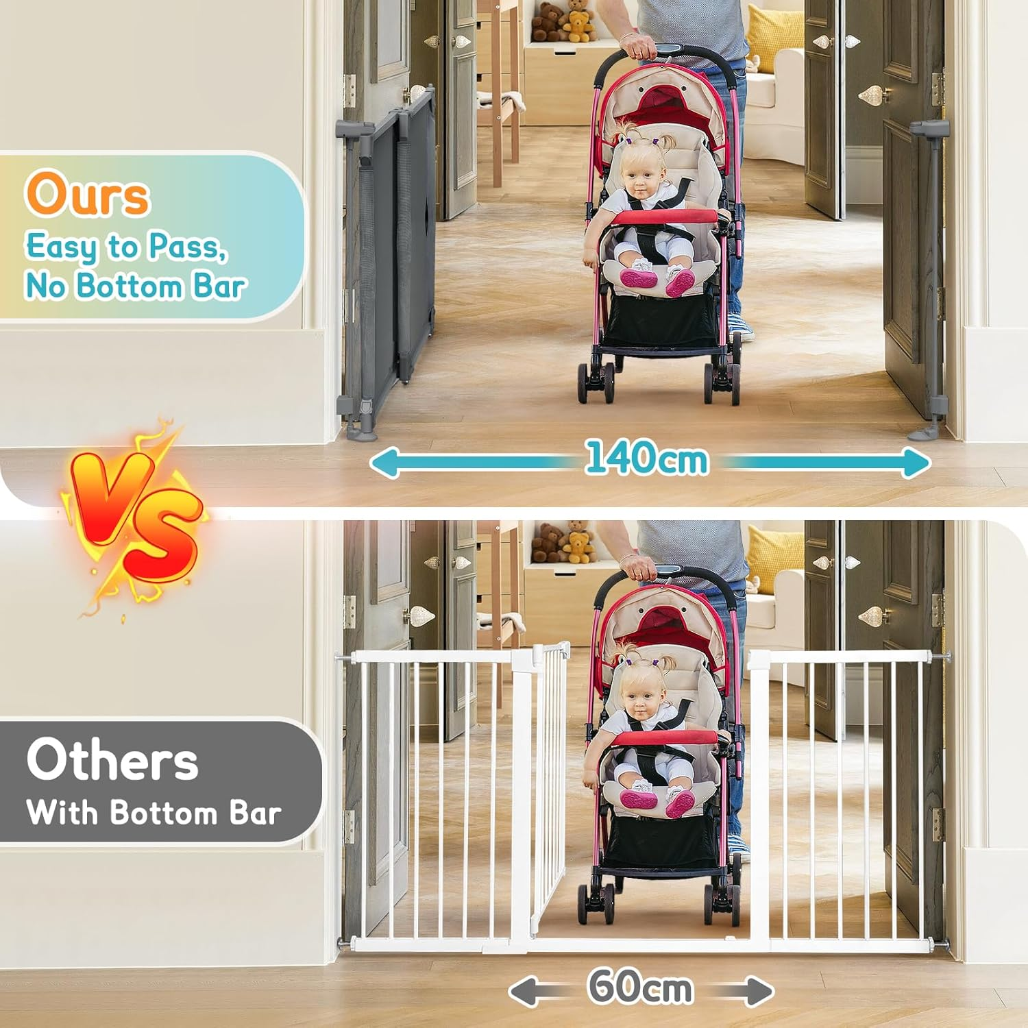 Foldable Baby Gate, Adjustable Baby Gates for Doorways, Dog Gate Adjustable Width 80 to 140Cm, 75Cm Tall Pet Gate One Handed Operation, Mesh Safety Gate for Stairs/Hallways/Outdoor/Indoor image number 3