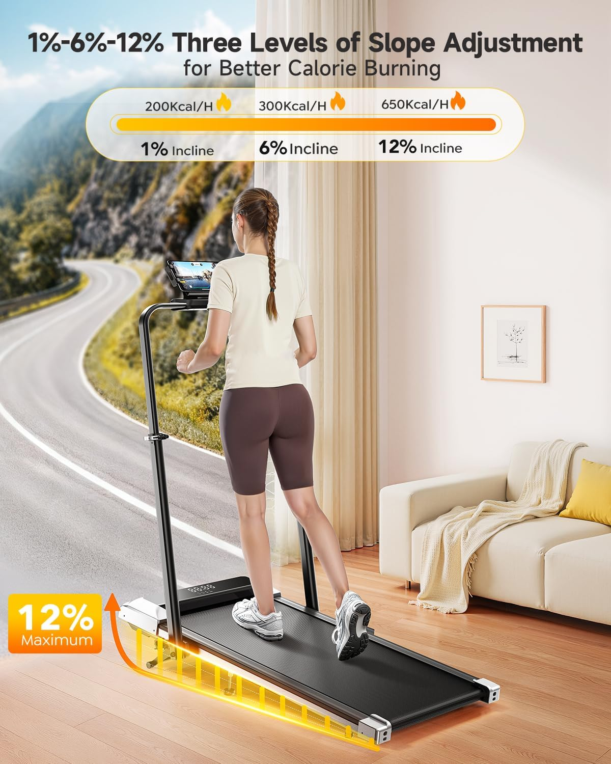 TOPUTURE Walking Pad Treadmill with 12% Incline, 6 in 1 Folding Treadmill with Adjustable Handle Bar for Home/Office, under Desk Treadmills Portable Walking Pad with App, Mute, Remote image number 5