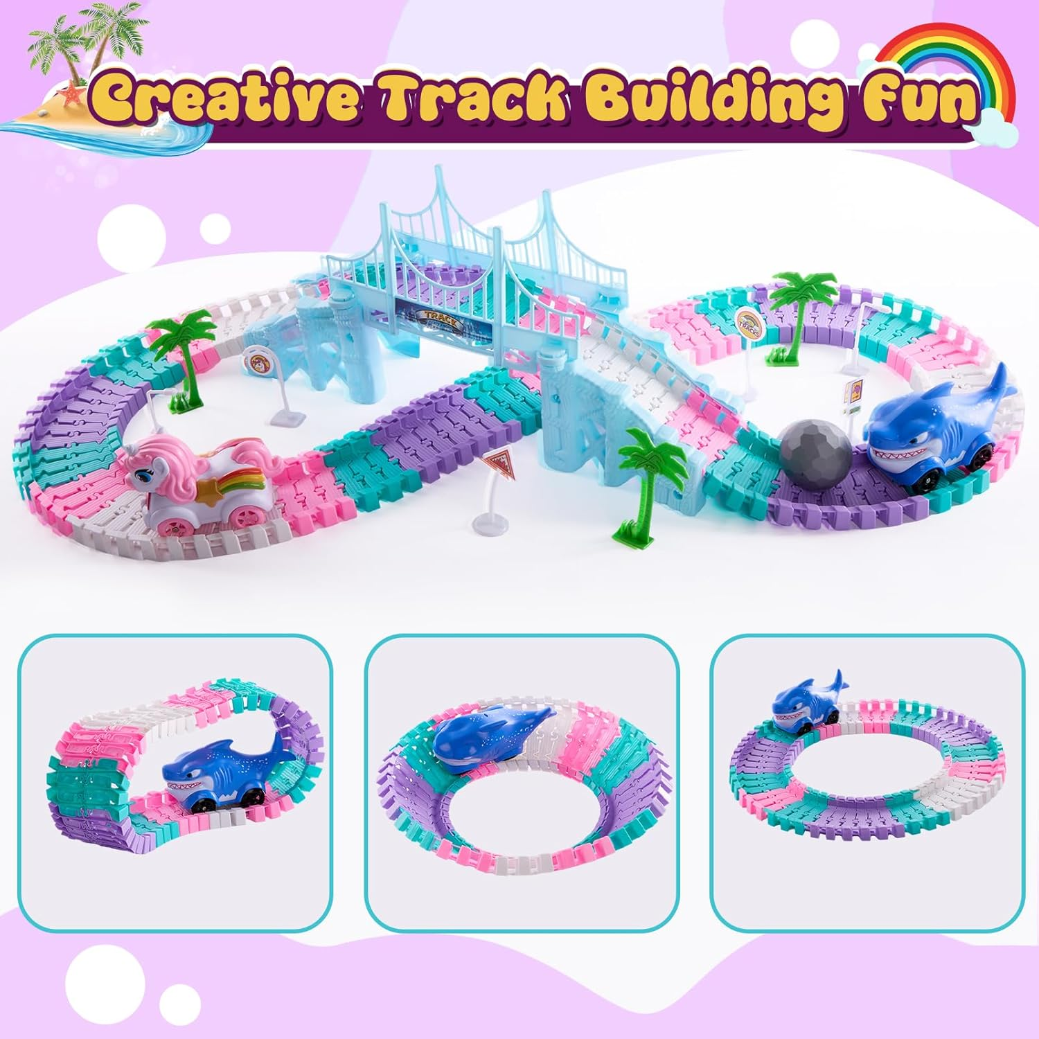 DIY Unicorn Track Toys 194 Pcs Shark Race Car Toys for Boys Girls 3 4 5 6 7 9 Year, Bendable Flexible Racetrack Cars with Shark & Ball, Unicorn Gifts for Girls, Presents for 3+ Year Old Kids