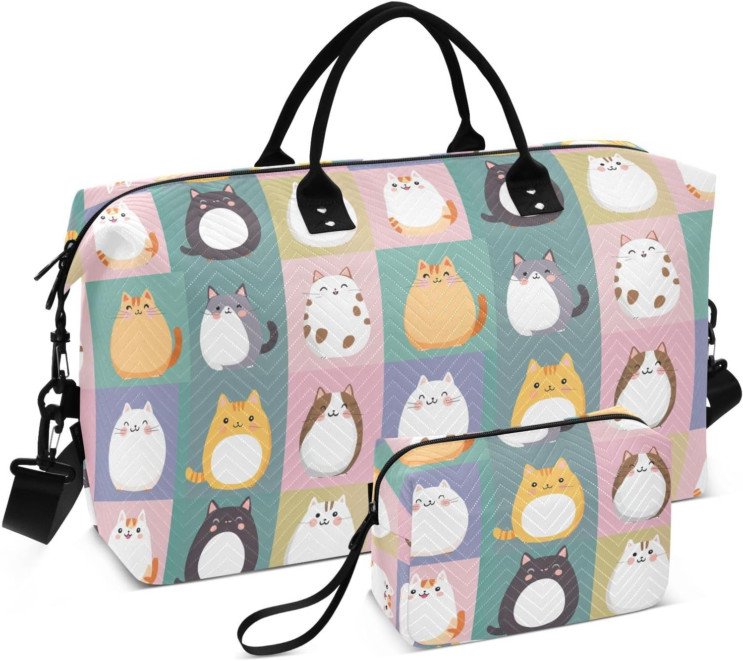 Travel Bag Travel Weekender Gear Bag with Adjustable Strap for Workout 2 Pcs Set, Cute Cartoon Cats Plaids image number 5