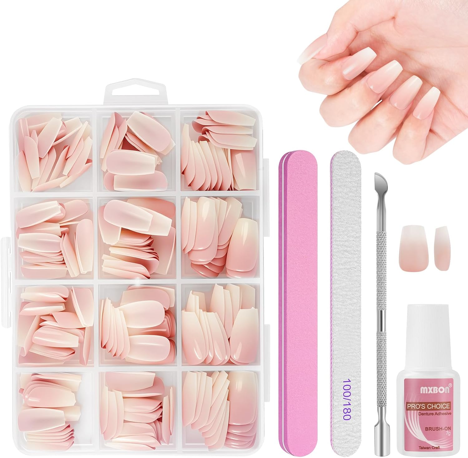 BUTBU Pack of 240 False Nails Tips Set, French False Nails for Sticking, 12 Sizes French Press on Nail Set, Fake Nails with Glue for Women and Women (Colour Gradient Long Coffin Nail Tips) image number 6