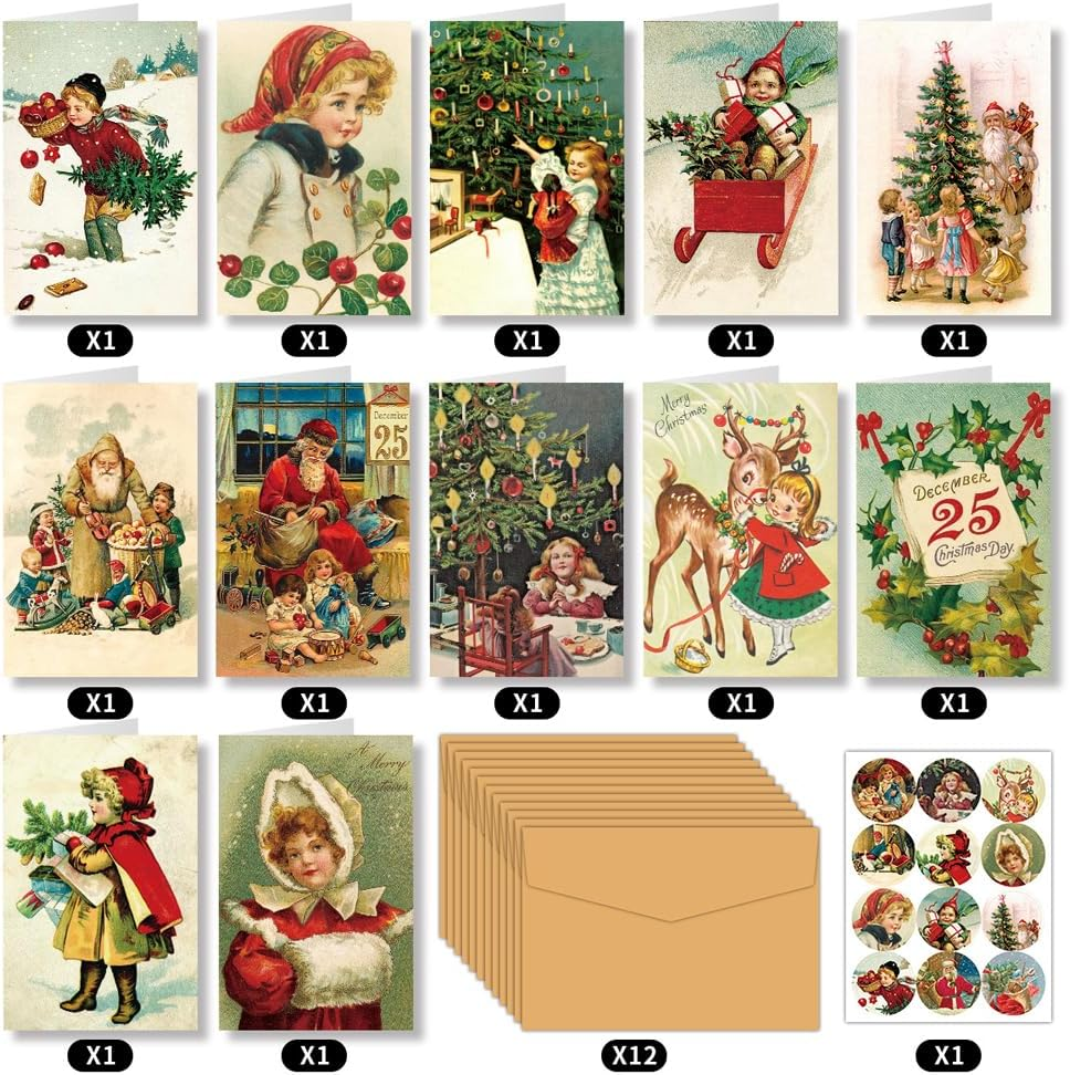 Suithink 12 Pack Vintage Christmas Greeting Cards, Christmas Cards Retro Xmas Greeting Cards with Stickers Envelopes Vintage Blank Note Cards for Christmas Baby Shower Birthday Party Supplies image number 2