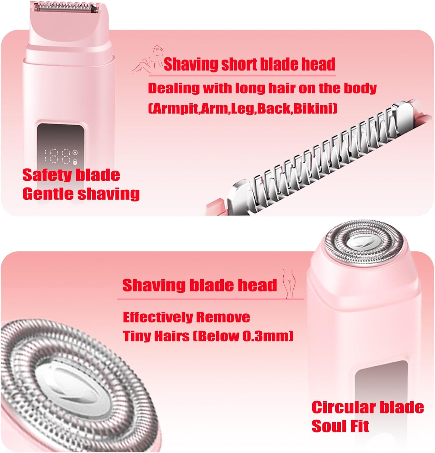 2 In1 Bikini Trimmer for Women Dual Head Electric Shaver Women USB Cordless Epilator Hair Removal for Women Waterproof Dry and Wet Use Lady Shaver Suitable for Body,Face,Armpits,Legs,Arm,Bikini(Pink) image number 6
