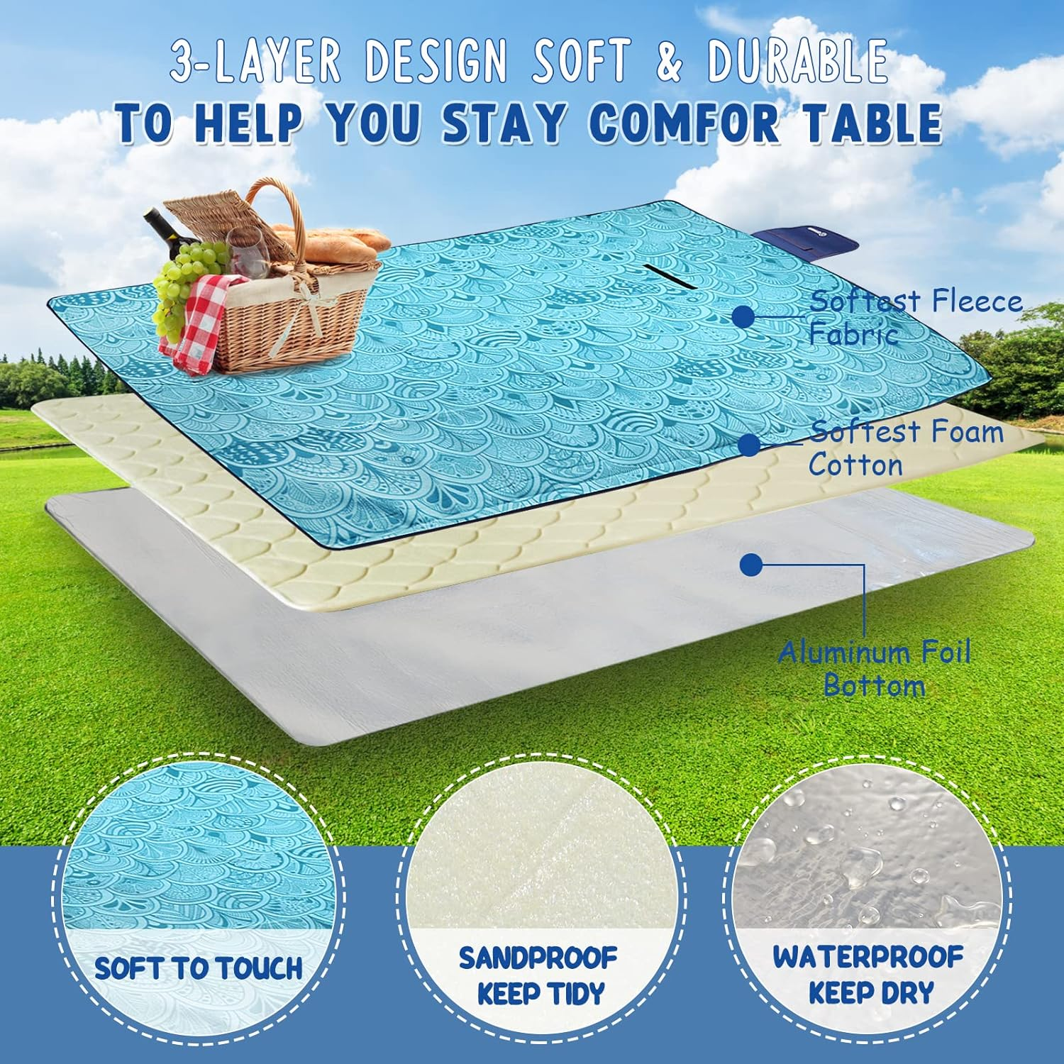 ZOMAKE Picnic Blanket,Waterproof Portable Oversized 80 X 80 Inches Beach Mat (Teal 80 X 80) image number 3