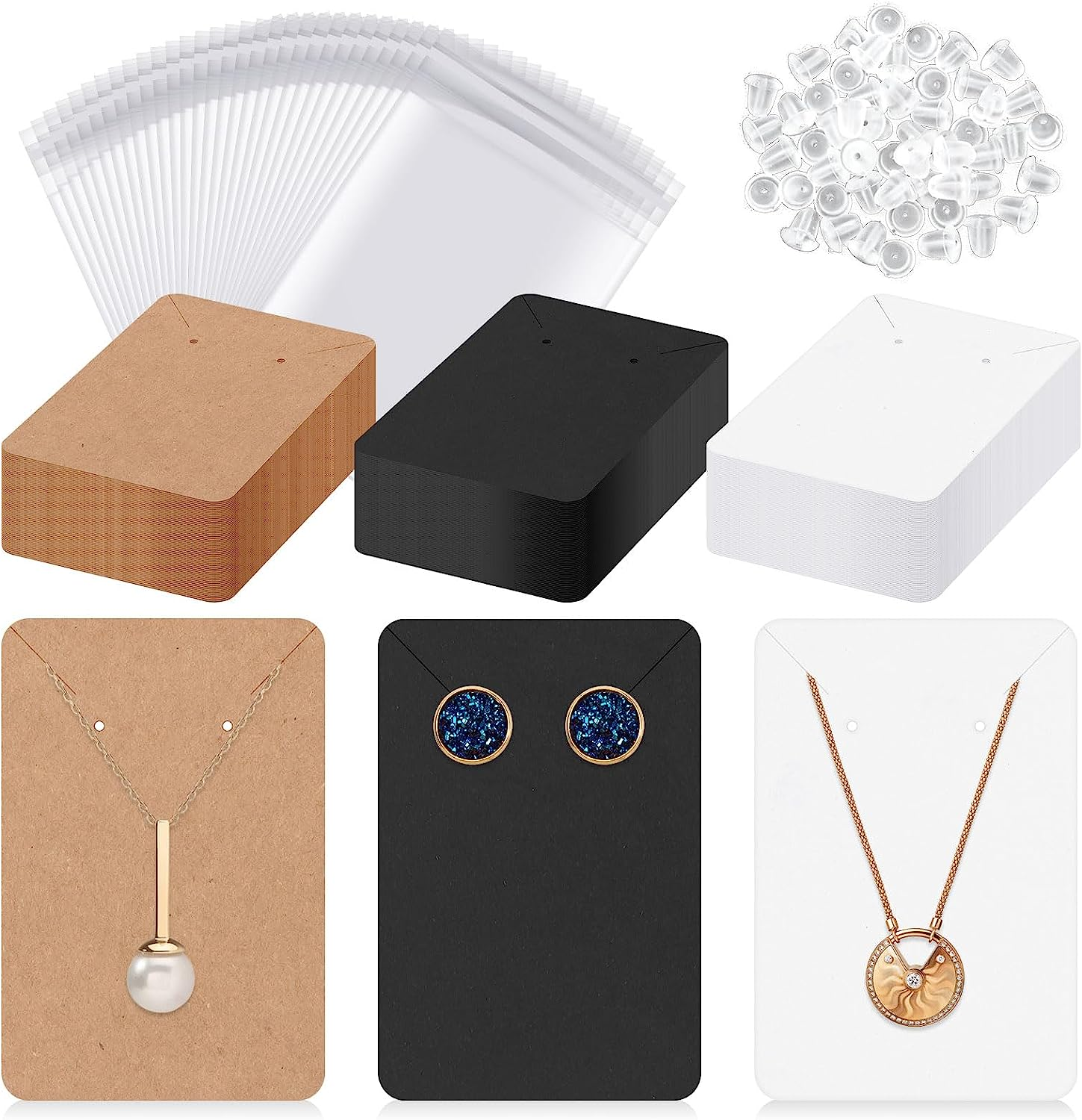 Hilitchi 550Pcs Square Earring Kit - 150Pcs 3.5"X2.4" Necklace Display Cards, 200Pcs Earring Backs, 200Pcs Self-Sealing Bags (Black/White/Brown)