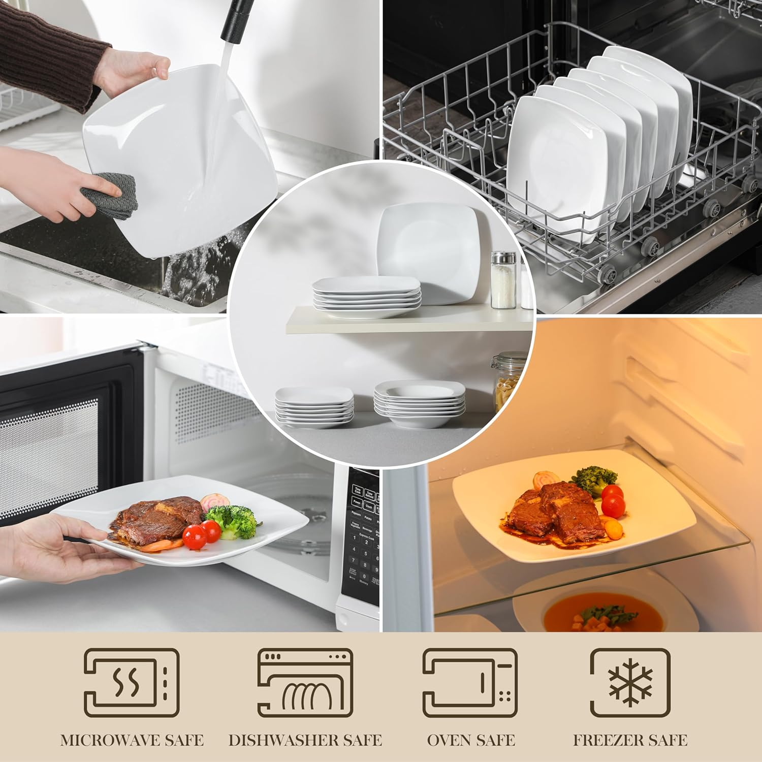 (6-Piece) - Malacasa, Series Julia, 9.5" Ivory White Square Porcelain Dinner Plate Set Christmas Flat Plate Set, Pack of 6 (23.5 23.5 2Cm) image number 6