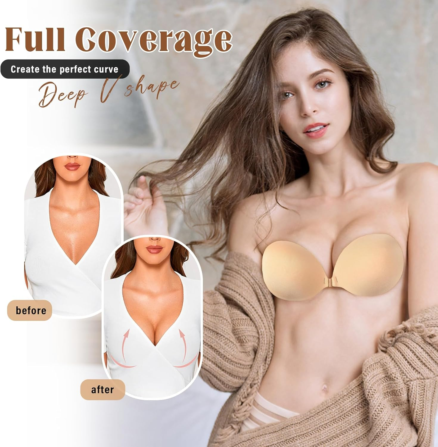 2 Pack Adhesive Push up Bra, Reusable Sticky Bra with Front Clip, Nipple Covers, Strapless Bra for Backless Dresses, Evening Gowns Party Wear image number 4