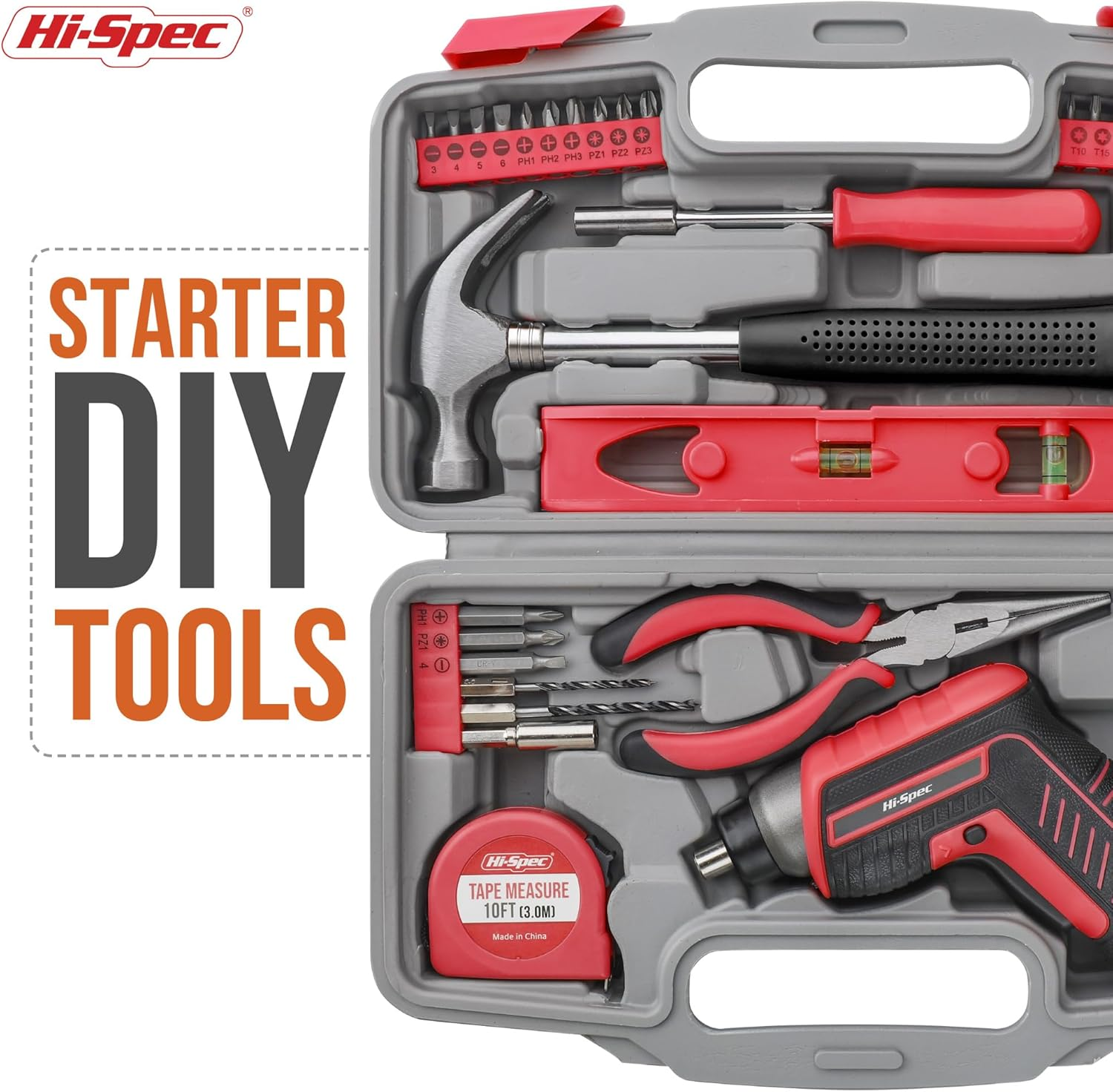 Hi-Spec 35Pc Red Household DIY Toolkit with 3.6V USB Electric Screwdriver and Bit Set. Small Tool Box Set of Starter Basic Tools for Home & Office Repair and Maintenance - Red 35Pc image number 5