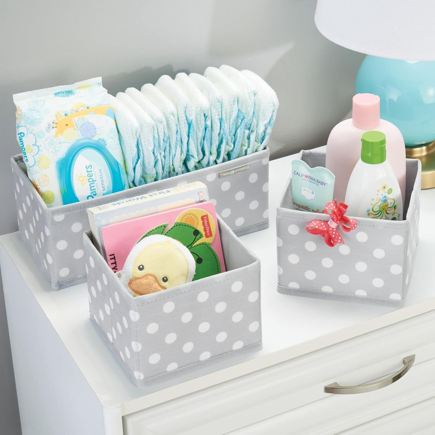 Mdesign Fabric Drawer Organizer Bins, Kids/Baby Nursery Dresser, Closet, Shelf, Playroom Organization, Hold Clothes, Toys, Diapers, Bibs, Blankets, Set of 4, 2 Pack, Gray/White Polka Dot image number 5