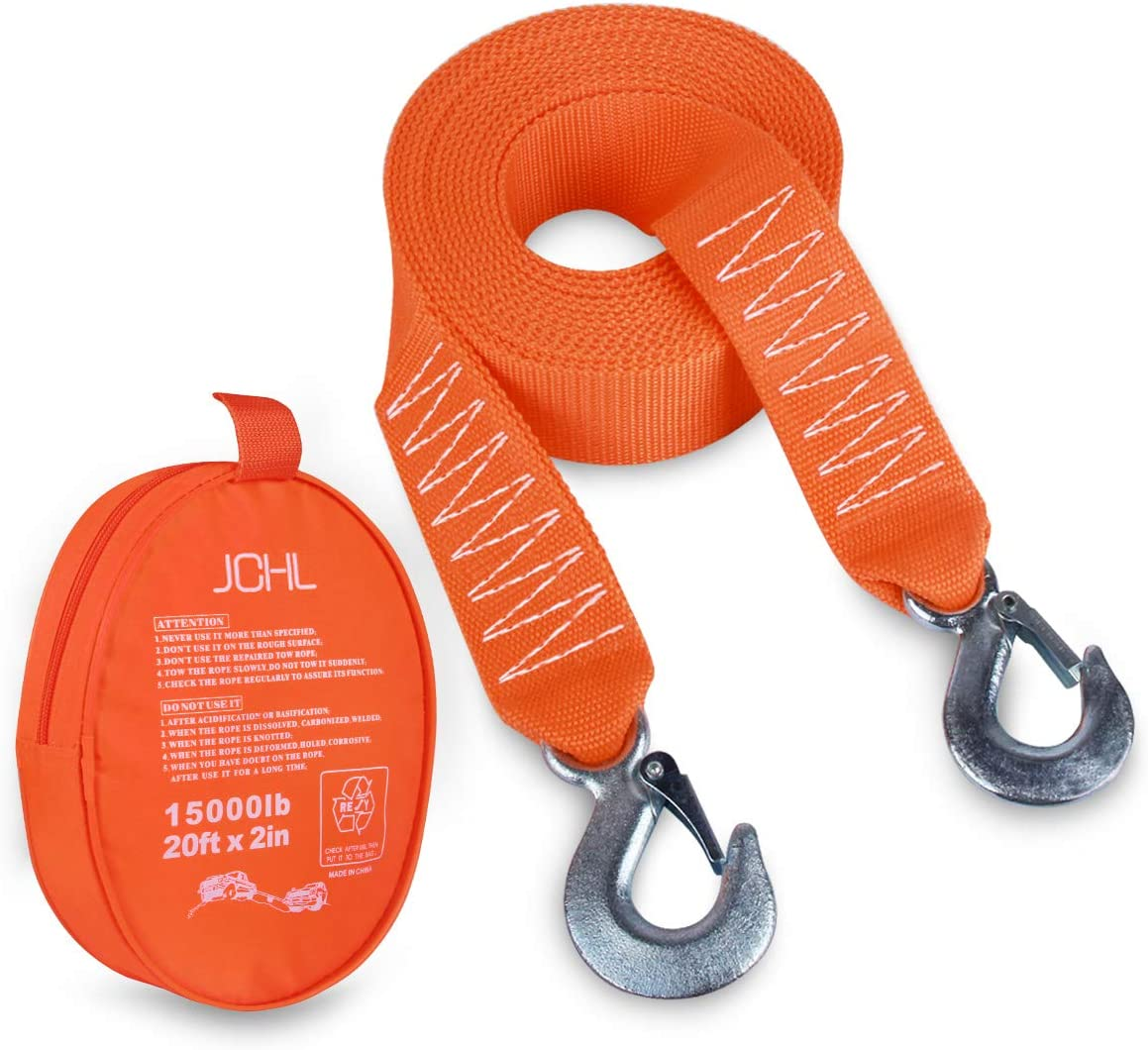 Tow Strap Heavy Duty with Hooks 2" X20' 15,000LB Recovery Strap 6,8 Tons Towing Strap with Safety Hooks Polyester