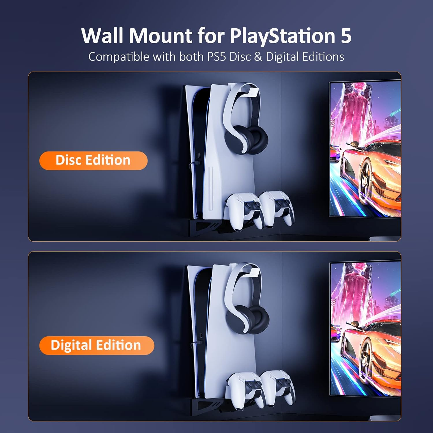 Nexigo Wall Mount Set for Playstation 5 (Disc & Digital), Dual Controller, Sturdy Steel Wall Stand Holder Mount with Headphone Hanger, Set Your PS5 Console near or behind TV image number 2