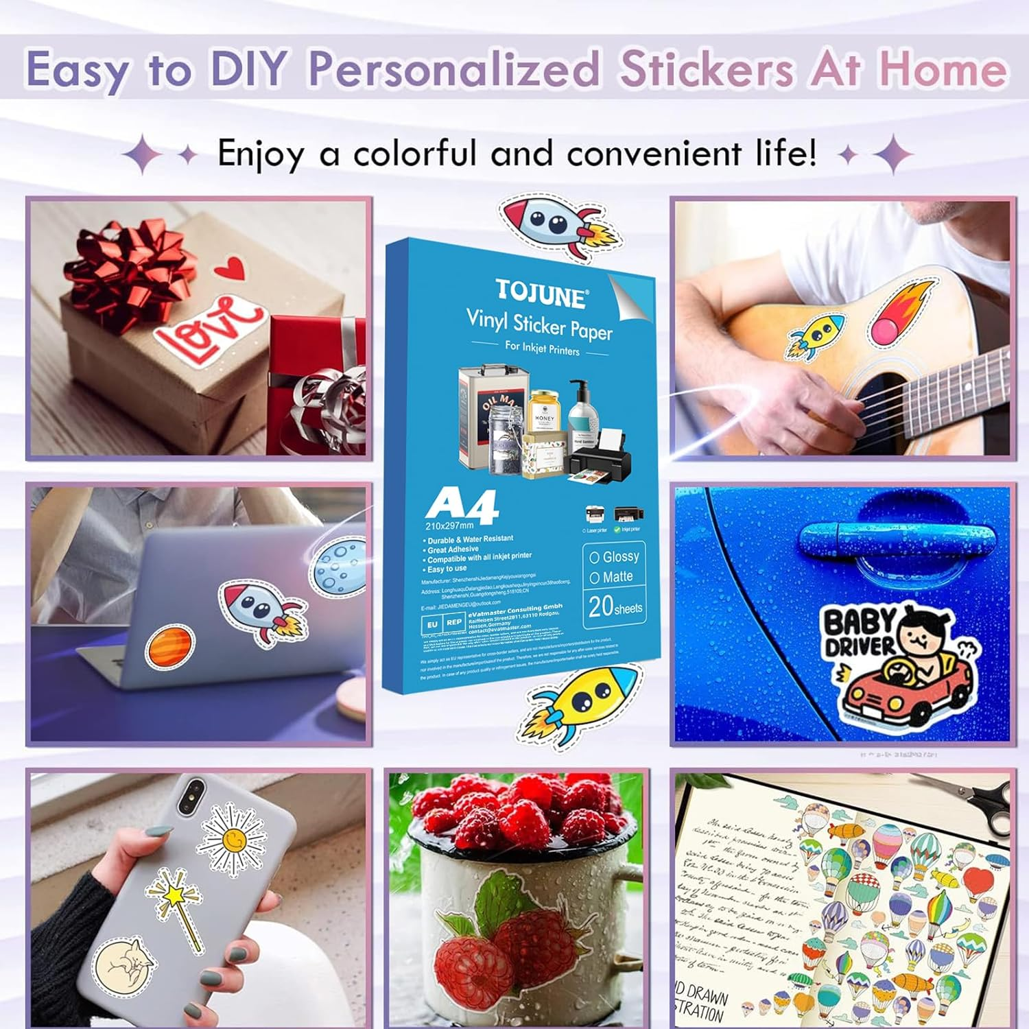 TOJUNE Printable Vinyl Sticker Paper for Inkjet Printer, A4-21X29.7 Cm - 8.27"X11.69", Waterproof, Arbitrary Cutting, Adhesive Backing, Stable Adhesion (White Glossy (20 Pcs)) image number 3