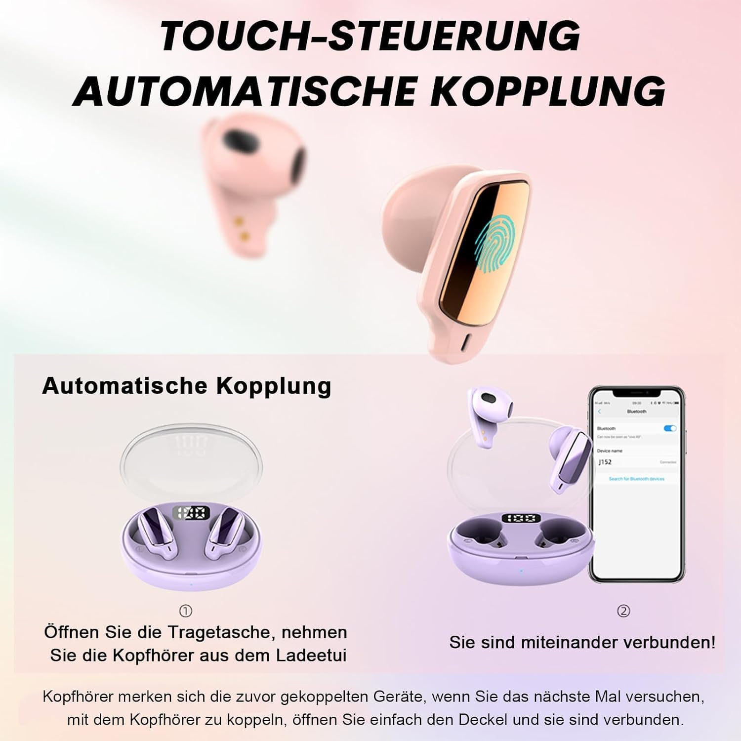 Xmenha Mini Wireless Purple In-Ear Headphones Bluetooth 5.3 Sleepbuds 4-5Hrs Playtime 20Hrs Case 10M Range Touch Control Noise Cancellation - Purple image number 5