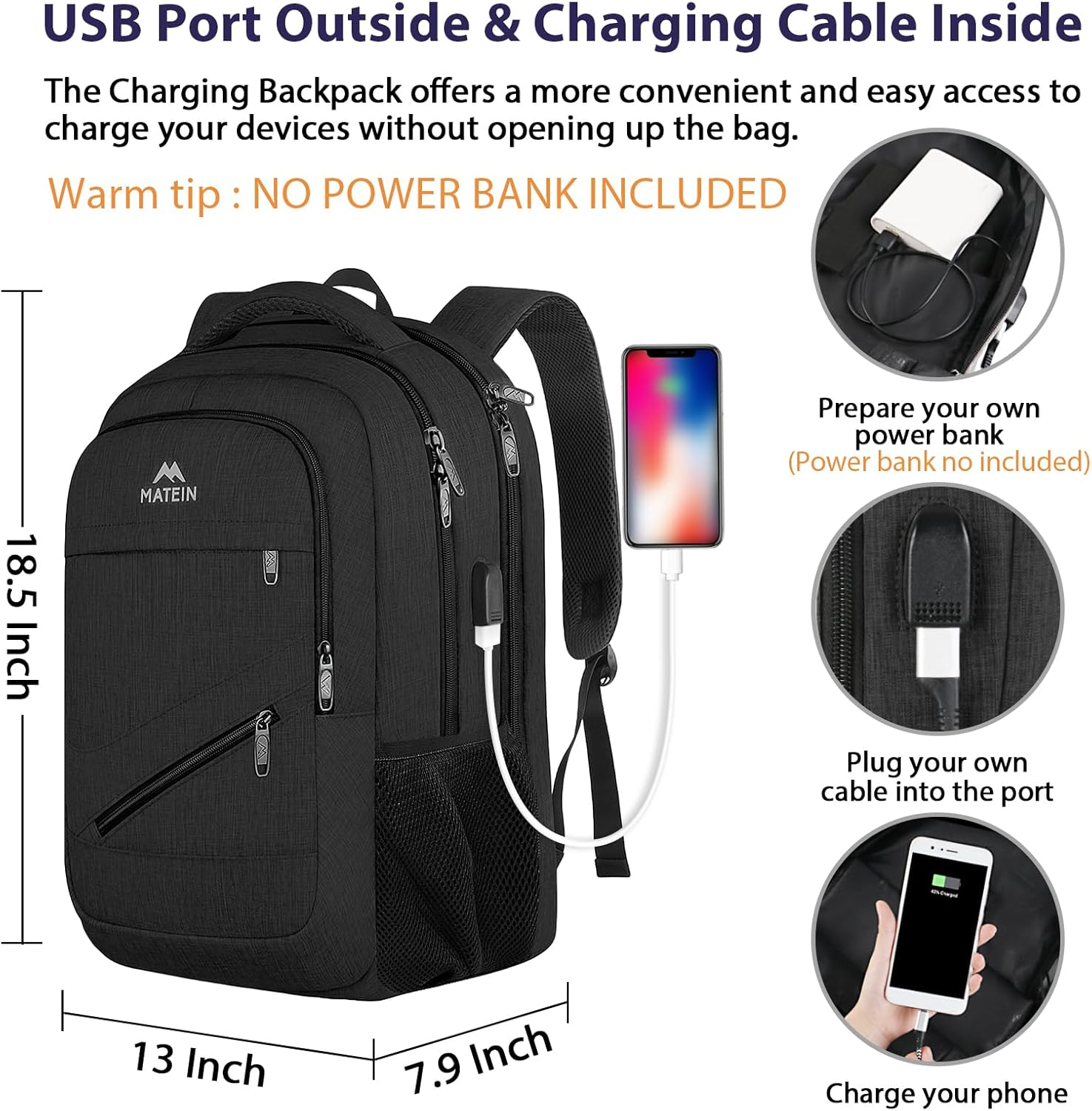 MATEIN Travel Laptop Backpack, 17 Inch Business Flight Approved Carry on Backpack, TSA Large Computer Backpack for Men Women with USB Port,Black image number 2