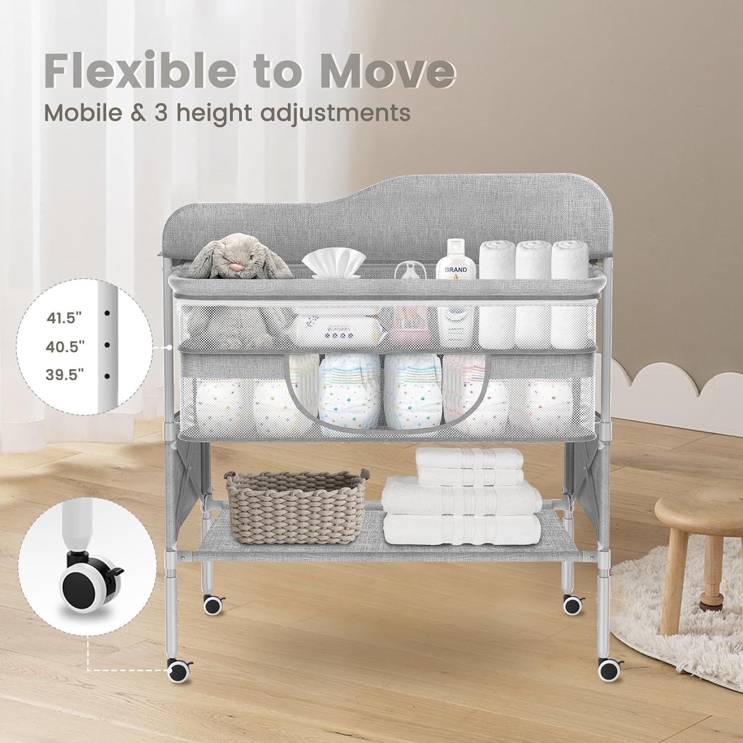 Portable Baby Changing Table, Folding Mobile Nursery Organizer with Wheels, Waterproof Diaper Station Pad Topper for Infant, Large Storage Rack&Adjustable Height