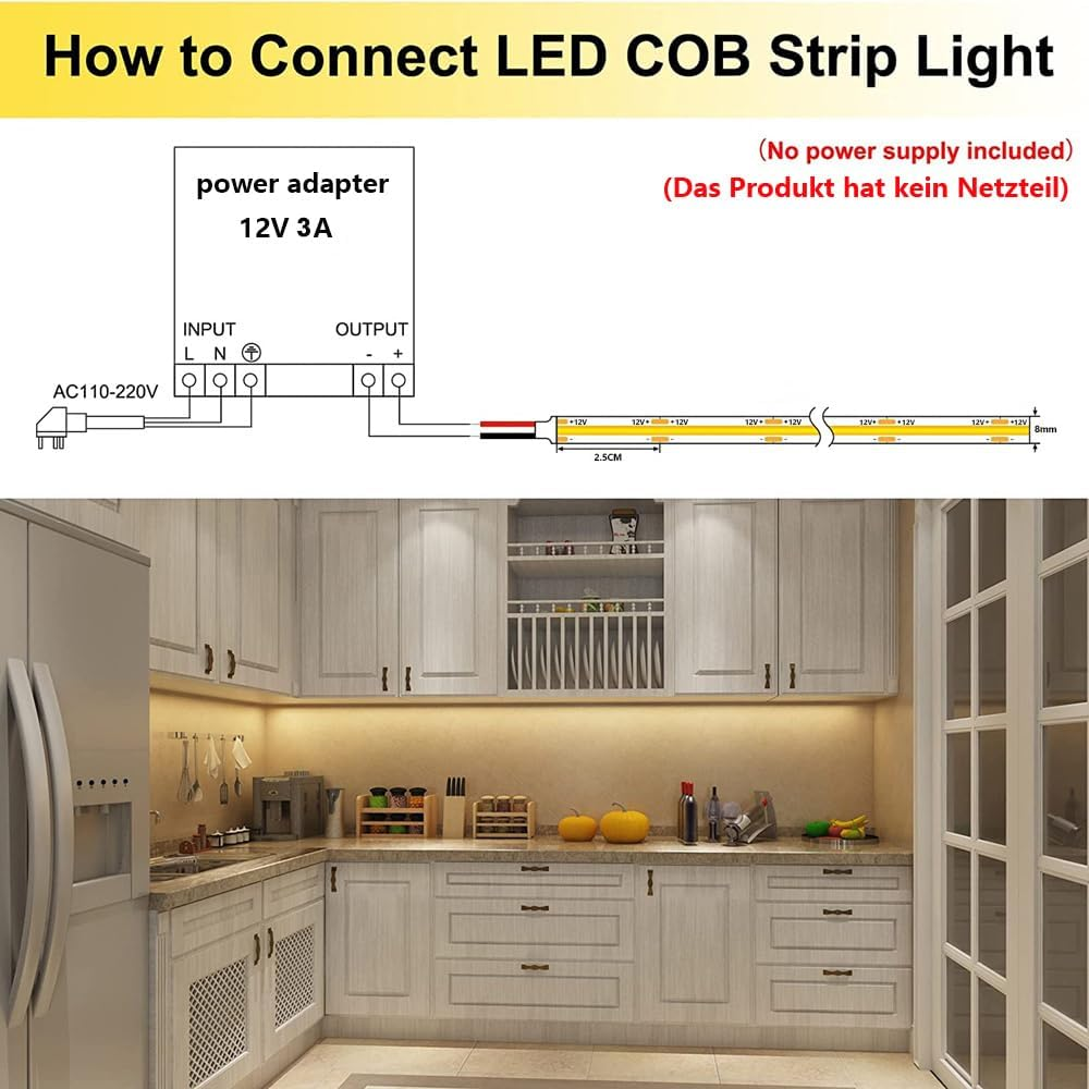 TOPAI COB LED Strip 12 V Warm White Outdoor Waterproof IP65, 5 M LED Strip 3000 K Self-Adhesive, Cuttable, CRI>90, 480Leds/M High Density, Width 8 Mm, for Kitchen, Cabinet, Home Decoration image number 6