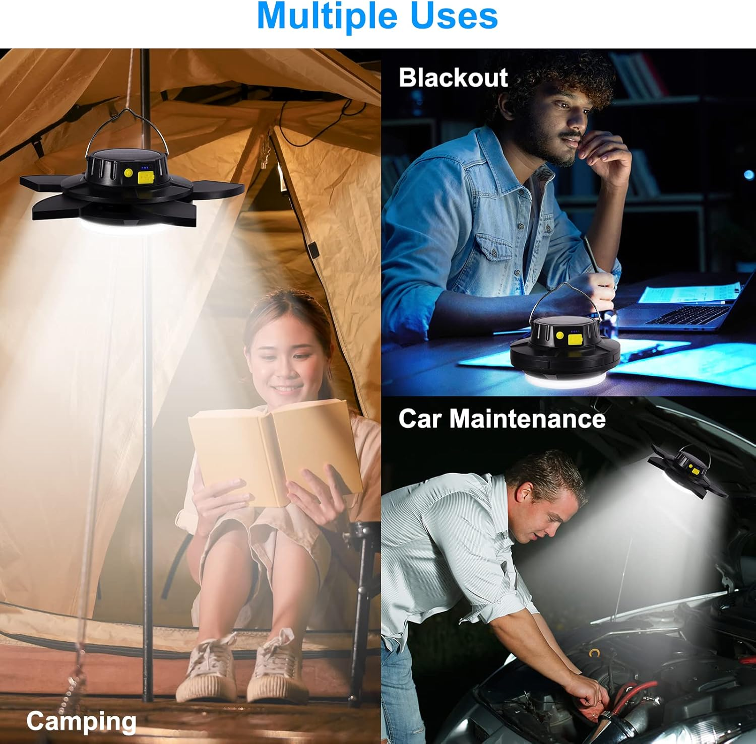 LED Camping Lantern, Dimmable Portable Outdoor Solar Emergency Light, USB Rechargeable 4000Mah Tent Light, Camping Light for Hiking, Fishing image number 1