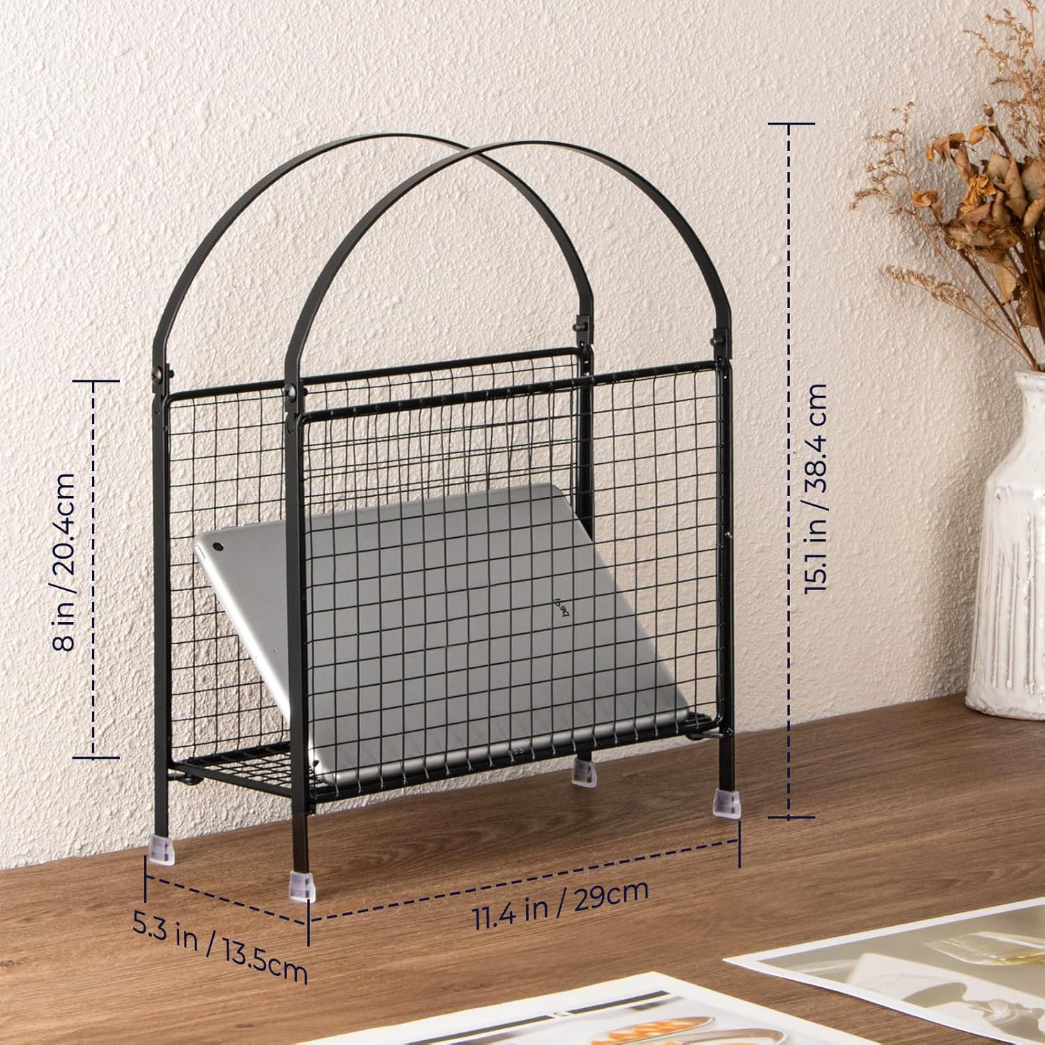 PUERSI Freestanding Magazine Rack &ndash; Modern Touch Handbag Design, Magazine Organizer Metal Holder for Newspaper, Books, Vinyl Record (Black) image number 6
