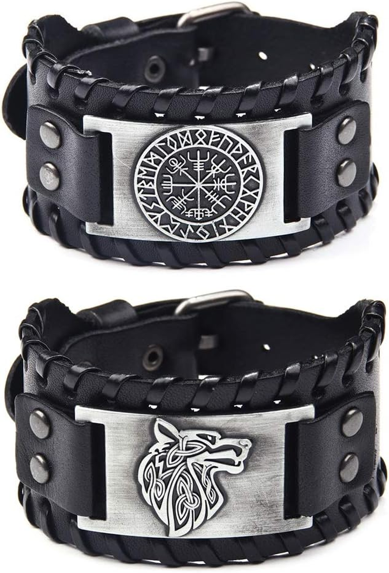 TURTLEDOVE 2 Piece Viking Bracelets - Viking Wolf Fenrir - Norse Vegvisir Scandinavian Amulet