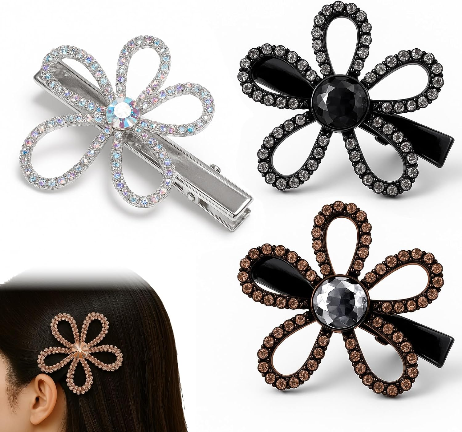 EUYKQNOI Hair Clip Flower 6 Cm Effect Duck Bill Clip - Fashionable Hair Clip for Women with Iridescent Petals, Suitable for Thick Hair, Elegant Spring Accessories (Pack of 3)